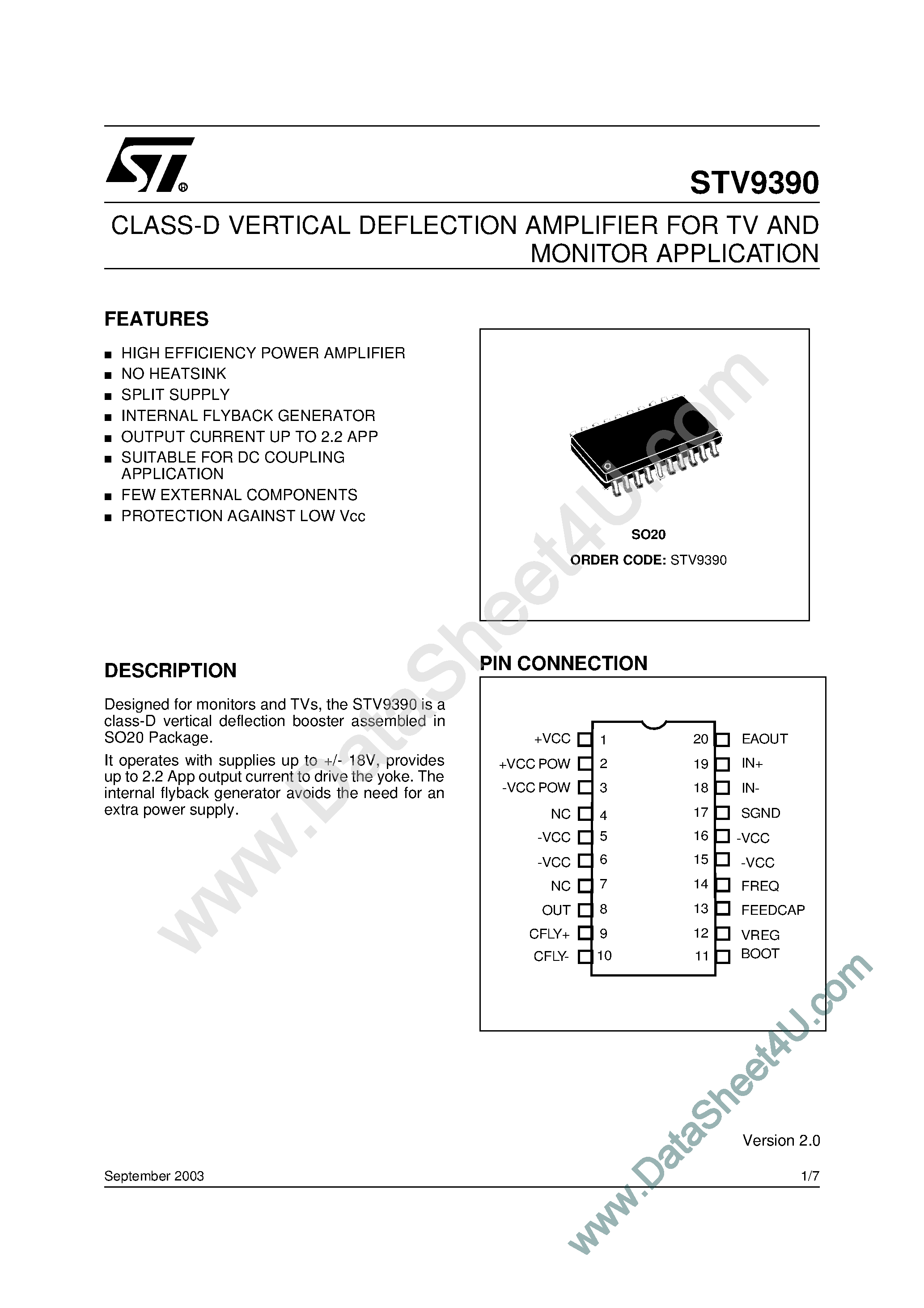 Datasheet STV9390 - Class-D Vertical Defleection Amplifier page 1