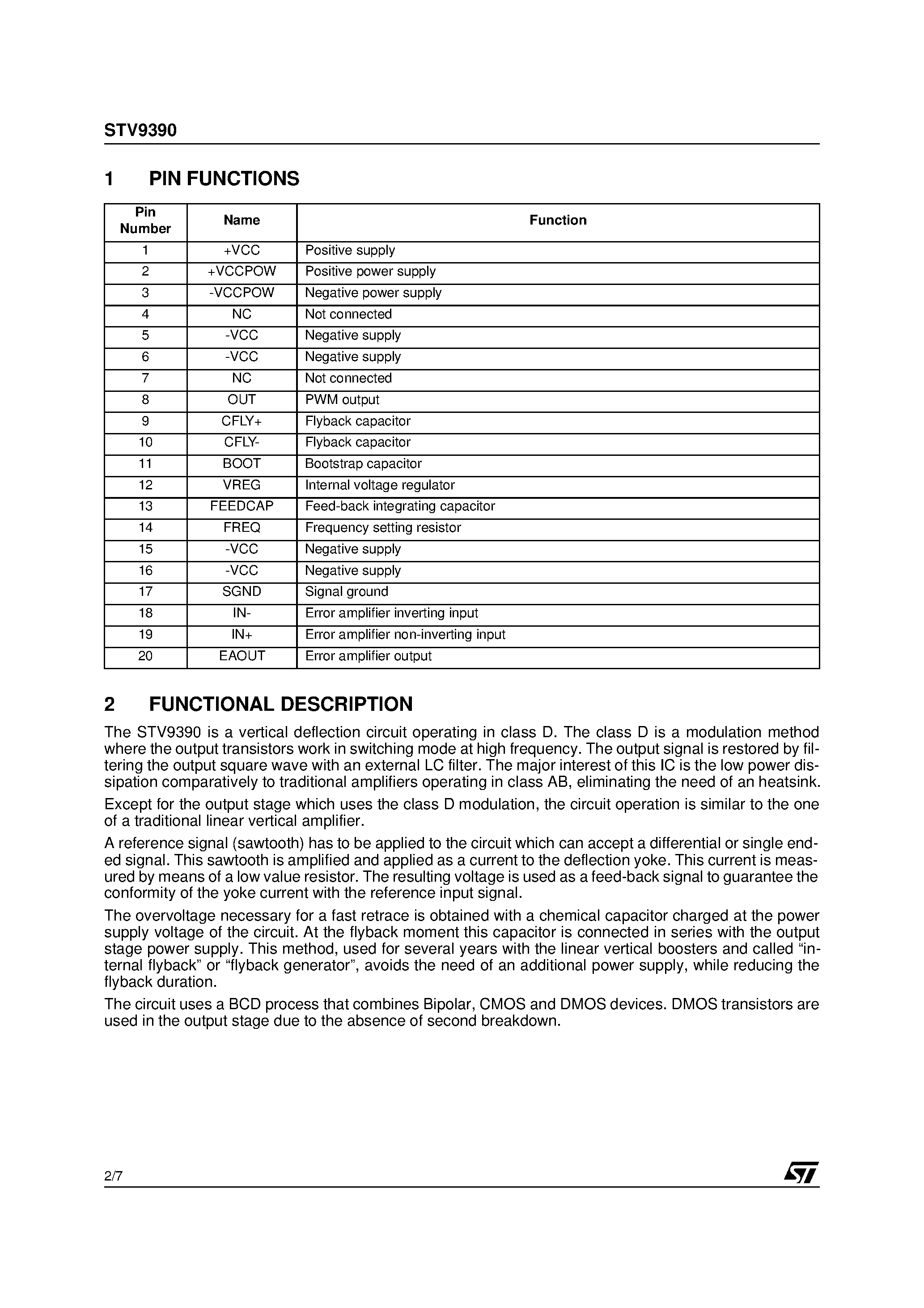 Datasheet STV9390 - Class-D Vertical Defleection Amplifier page 2