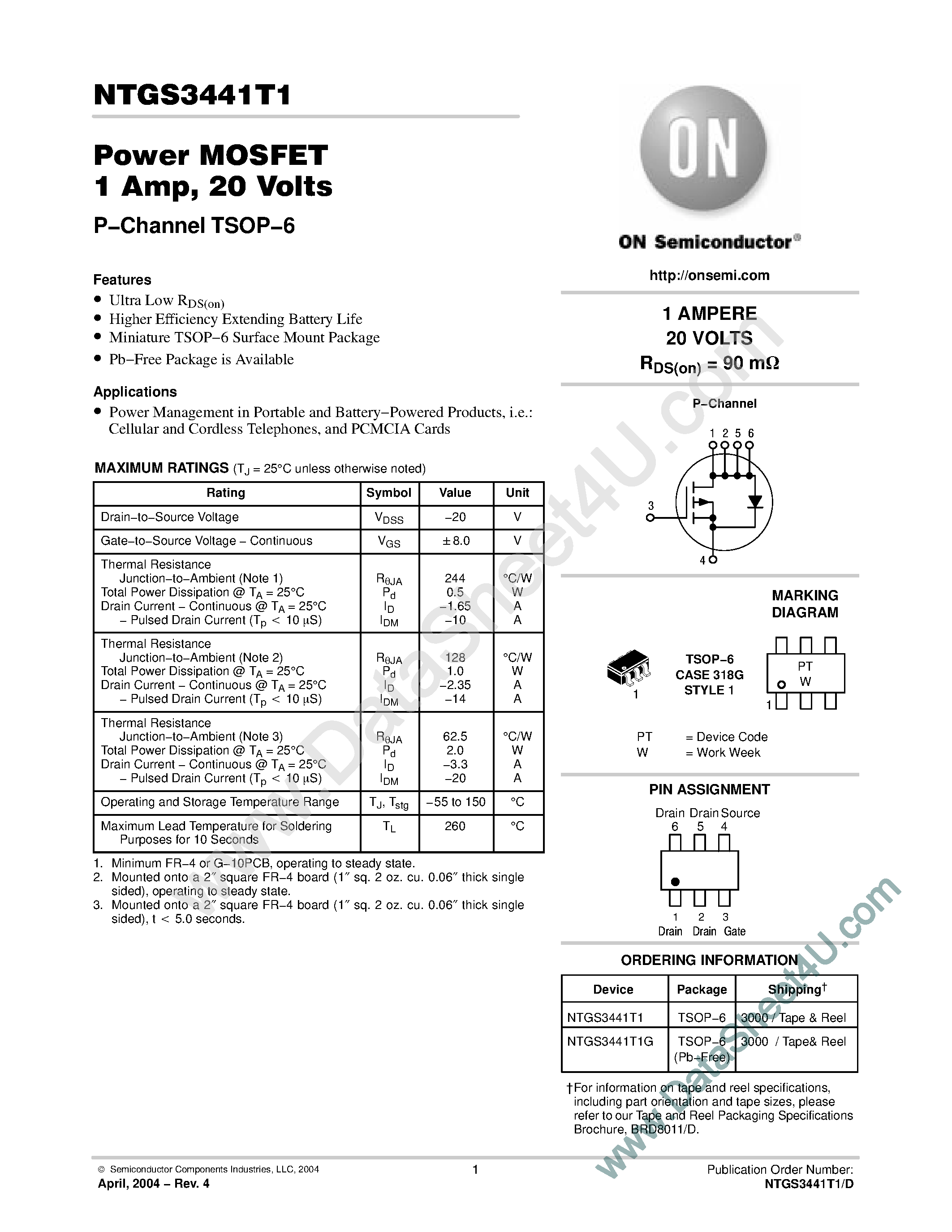 Datasheet NTGS3441T1 - Power MOSFET 1 Amp 20 Volts page 1