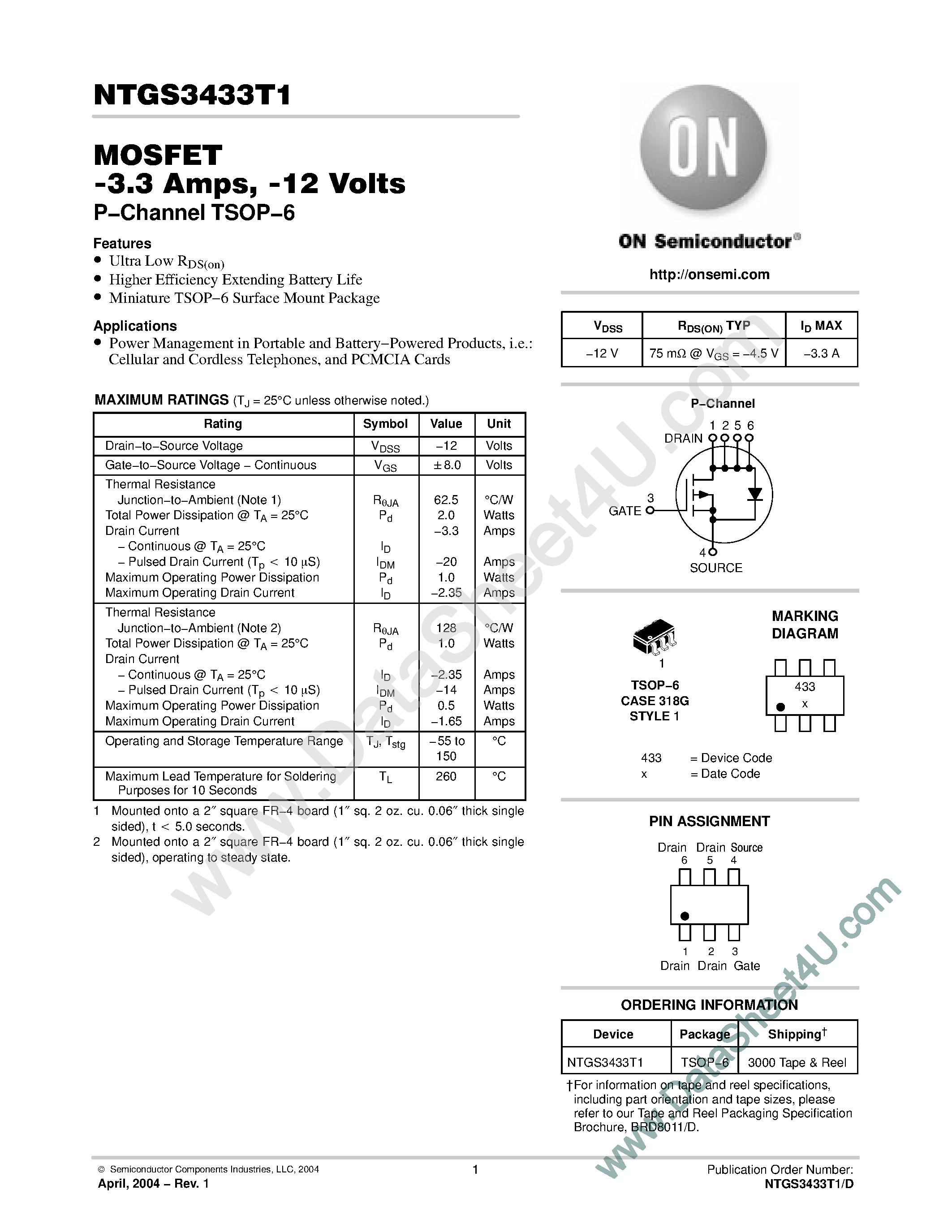 Datasheet NTGS3433T1 - Power MOSFET -3.3 Amp -12 Volts page 1