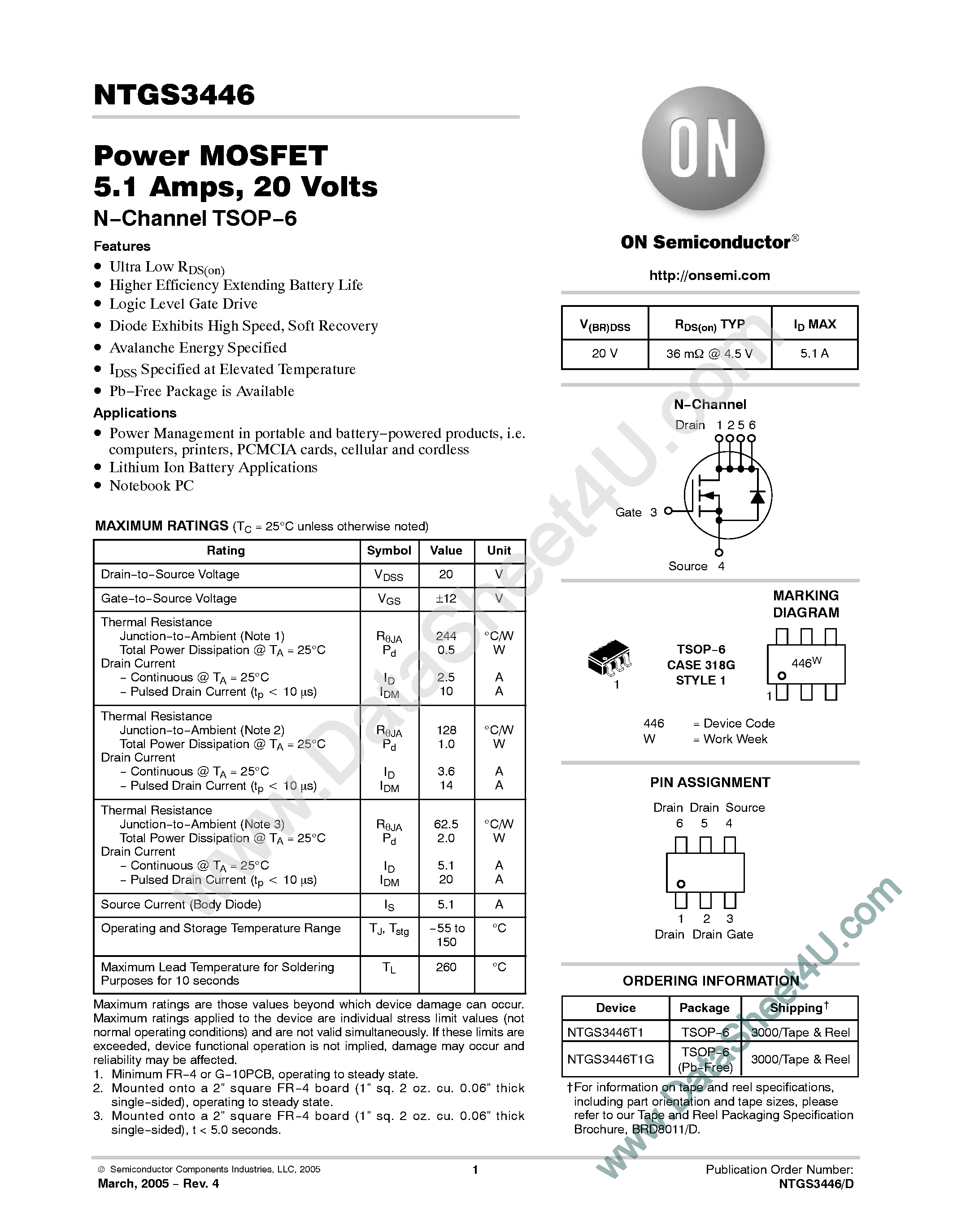 Datasheet NTGS3446 - Power MOSFET 5.1 Amp 20 Volts page 1