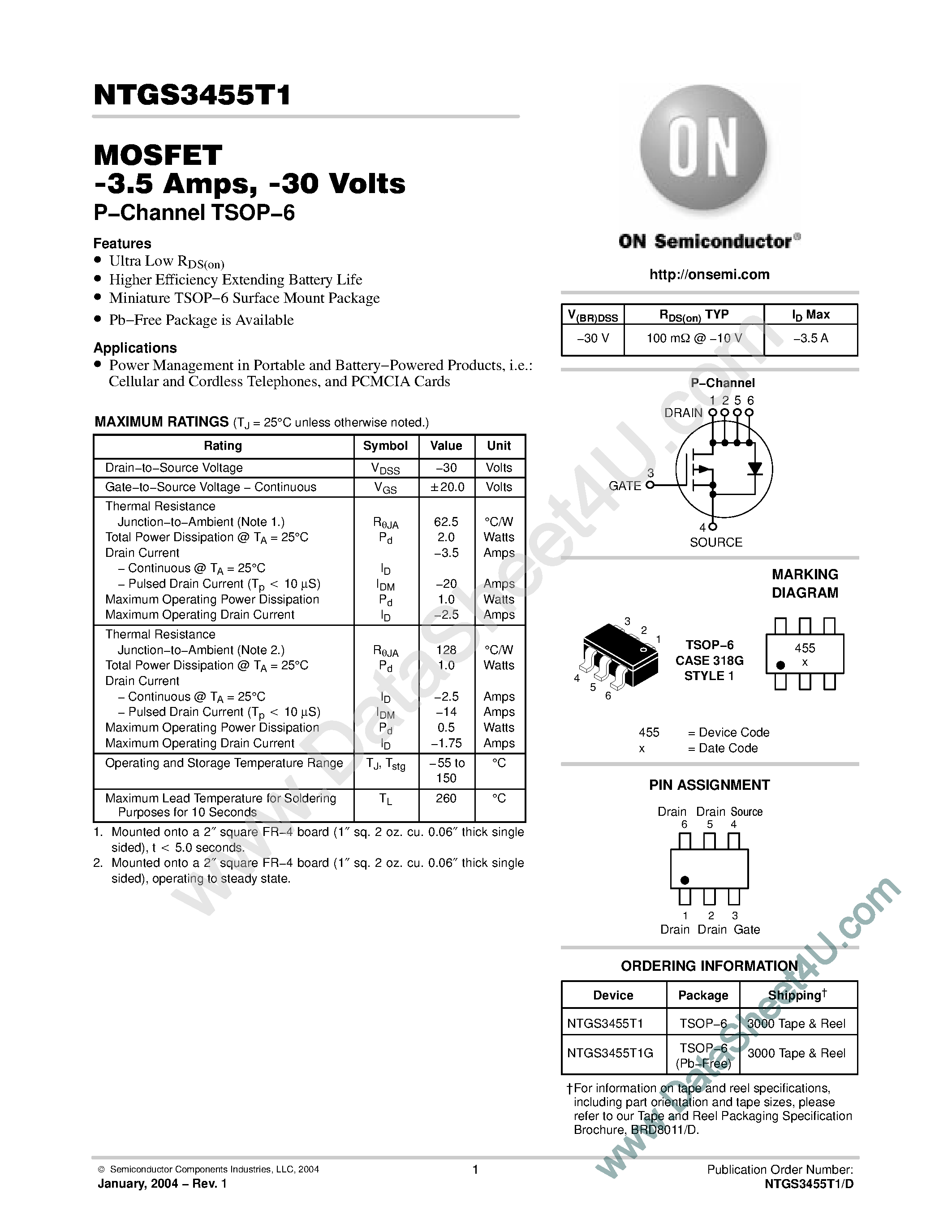 Datasheet NTGS3455T1 - Power MOSFET -3.5 Amp -30 Volts page 1