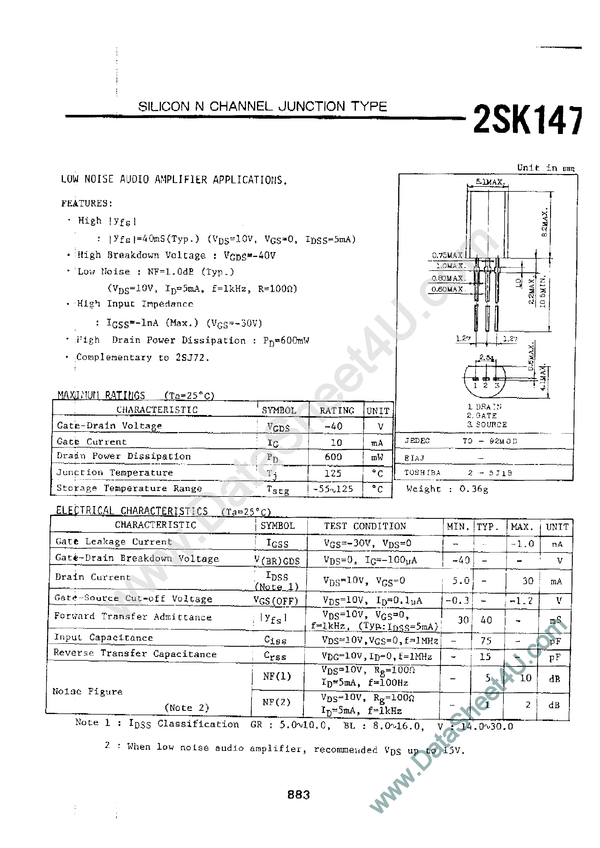Даташит 2SK147 - Low Noise Audio Amplifier Applications страница 1