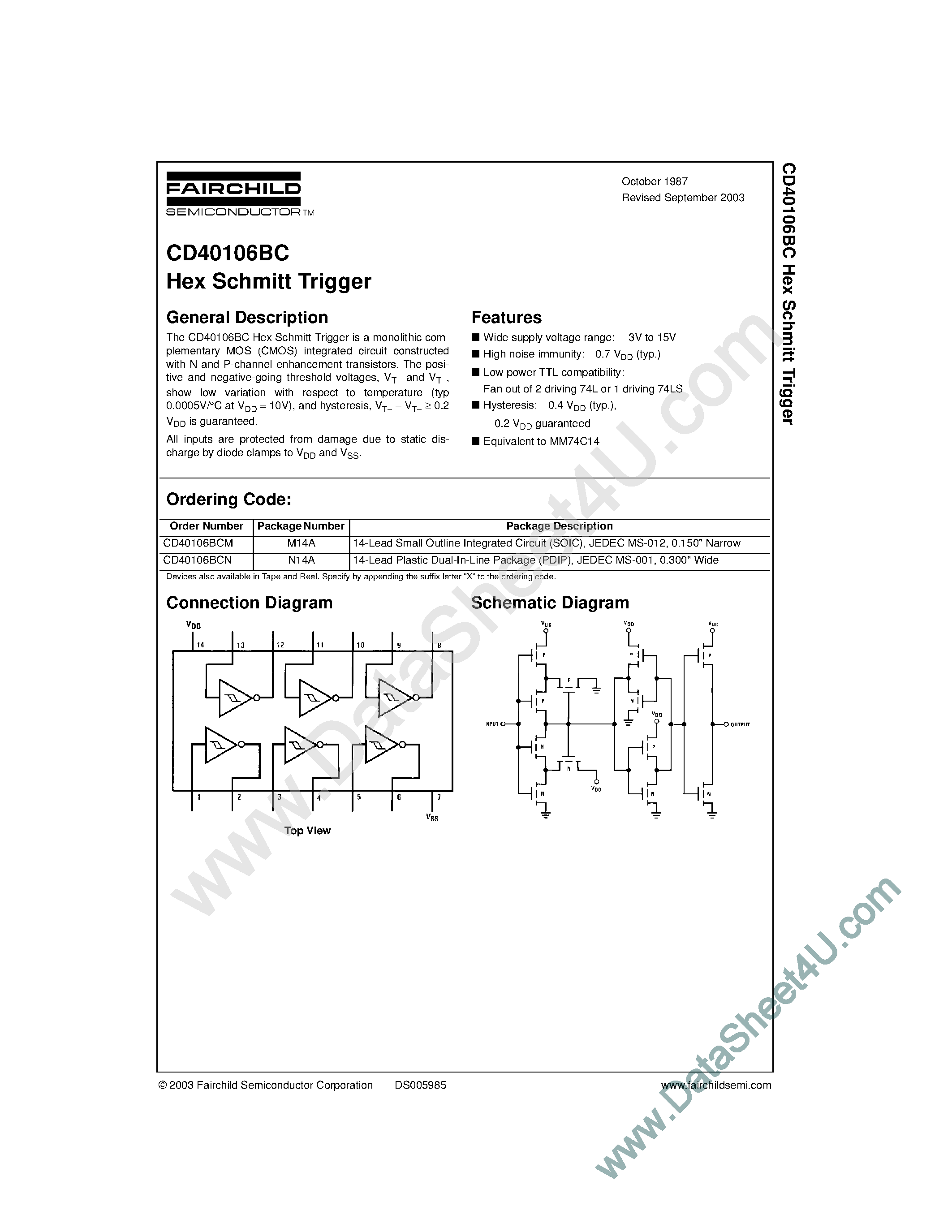 Datasheet CD40106BC page 1 Datasheet CD40106BC - Hex Schmitt Trigger page 1