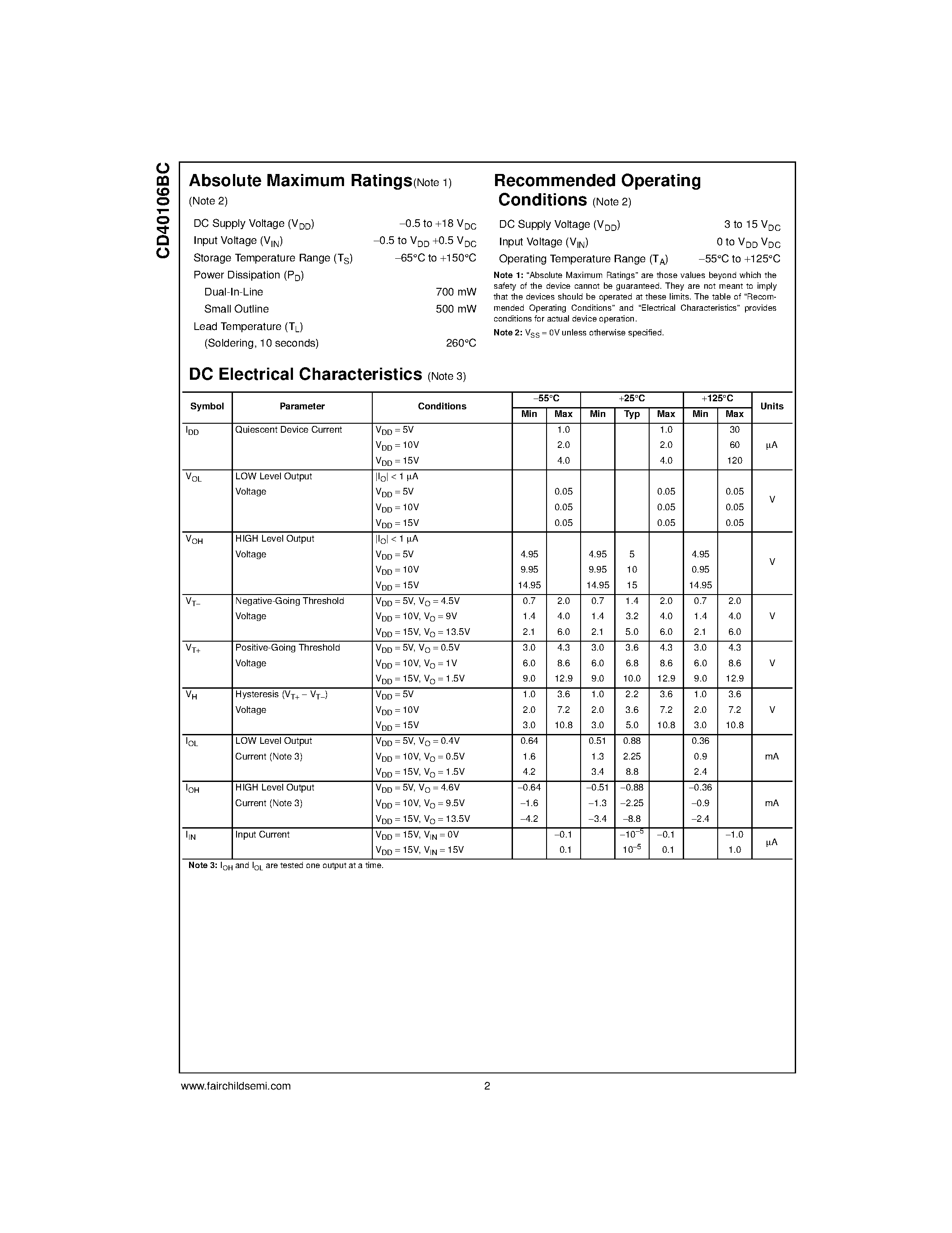 Datasheet CD40106BC page 2 Datasheet CD40106BC - Hex Schmitt Trigger page 2