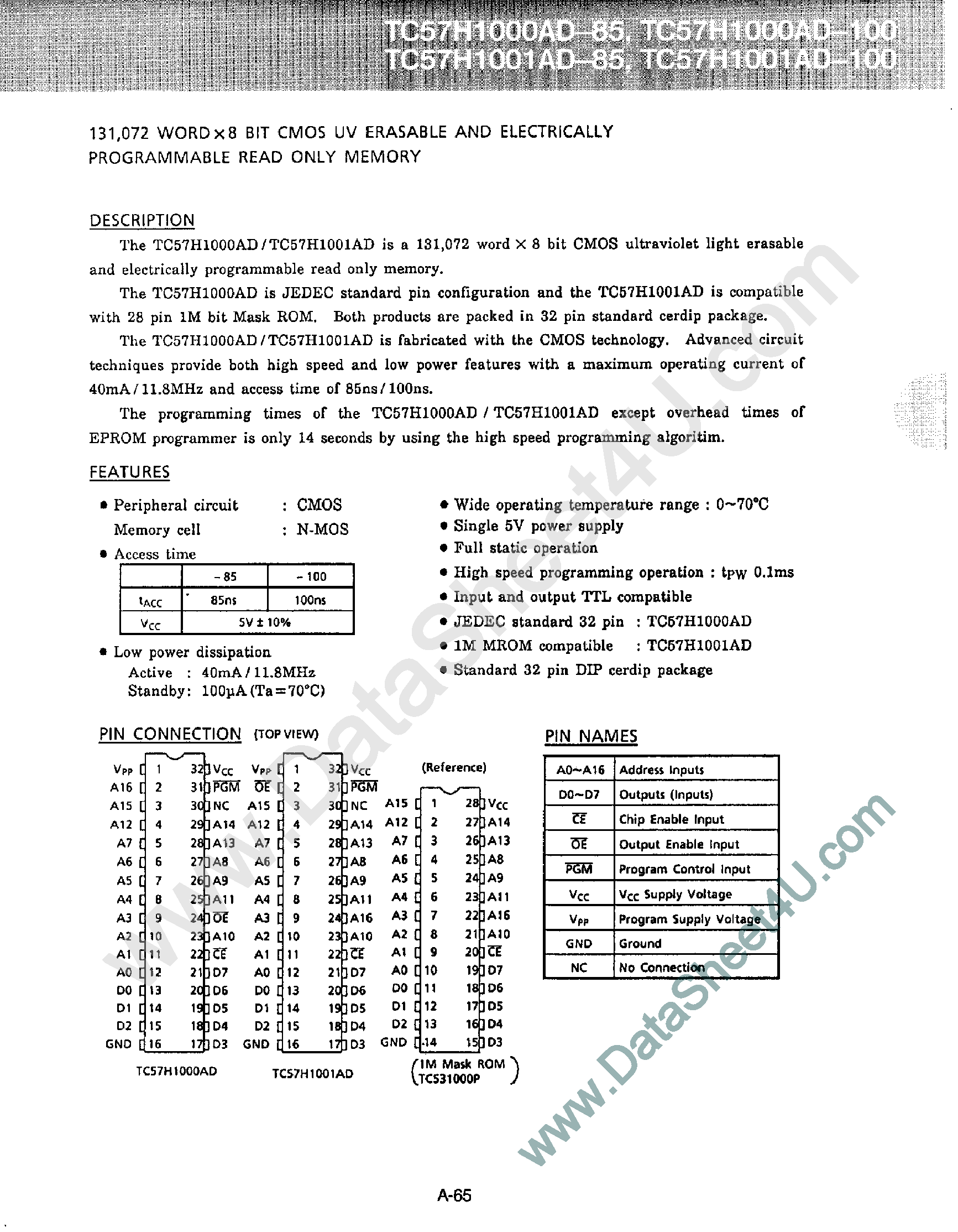 Datasheet TC571000AD page 1 Datasheet TC571000AD - (TC571000AD / TC571001AD) CMOS UV Erasable and Electrically Programmable ROM page 1