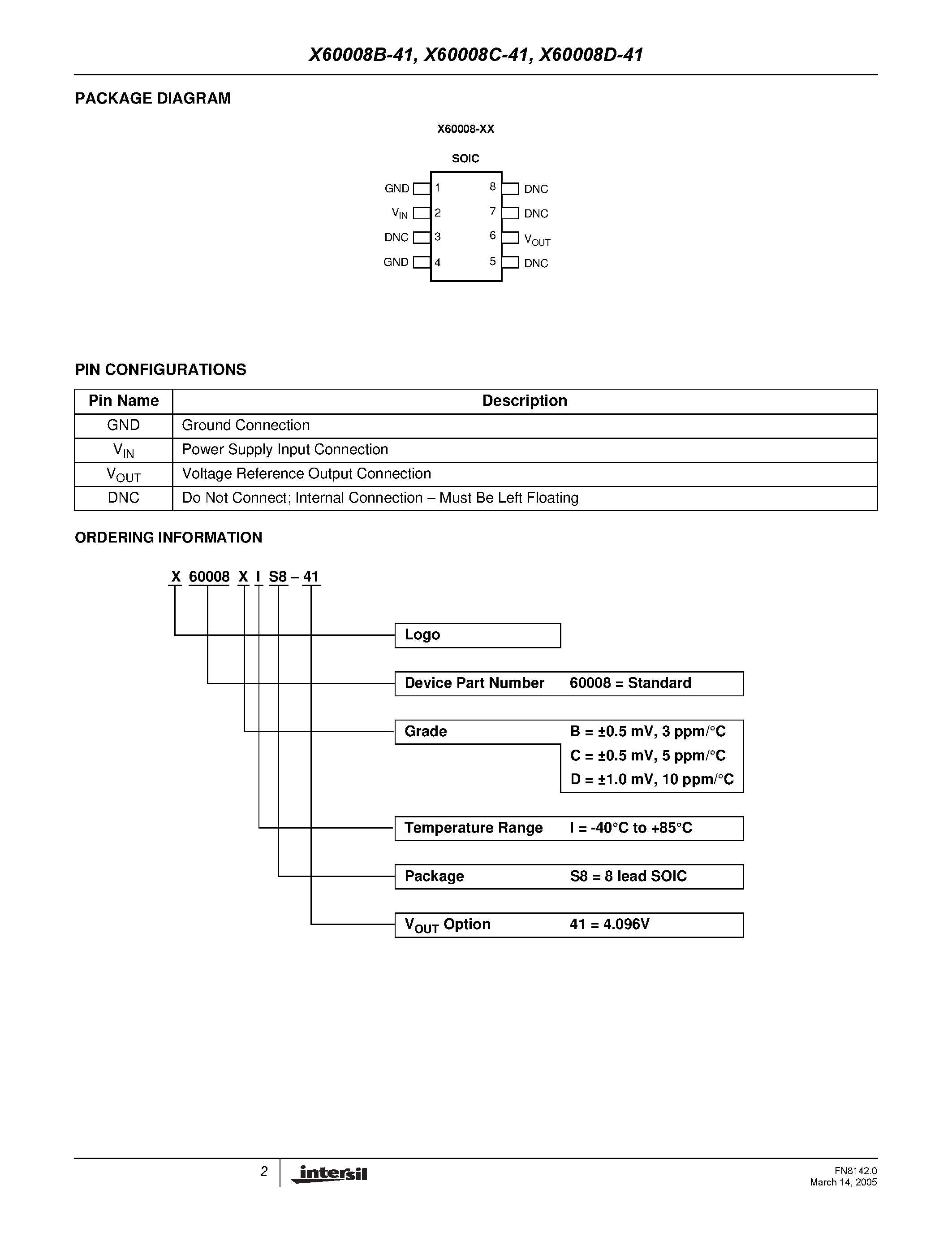 Даташит X60008B-41 - (X60008x-41) Precison 4.096V FGA Voltage Reference страница 2