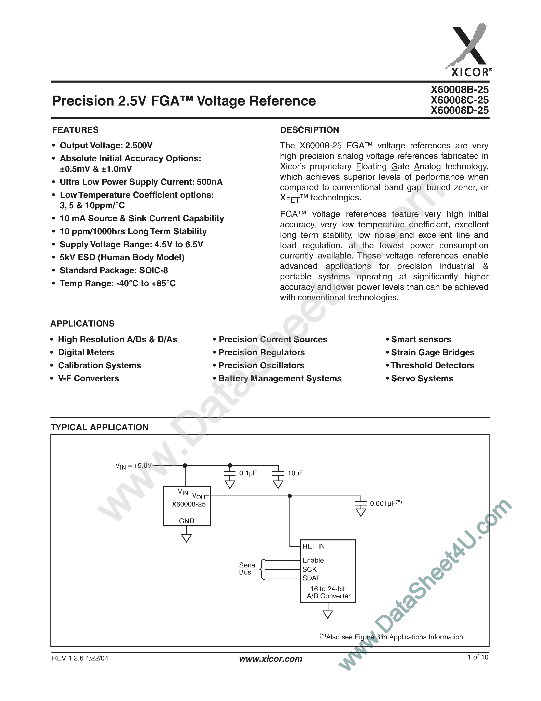 Datasheet X60008B-25 page 1 Datasheet X60008B-25 - (X60008x-25) Precison 2.5V FGA Voltage Reference page 1