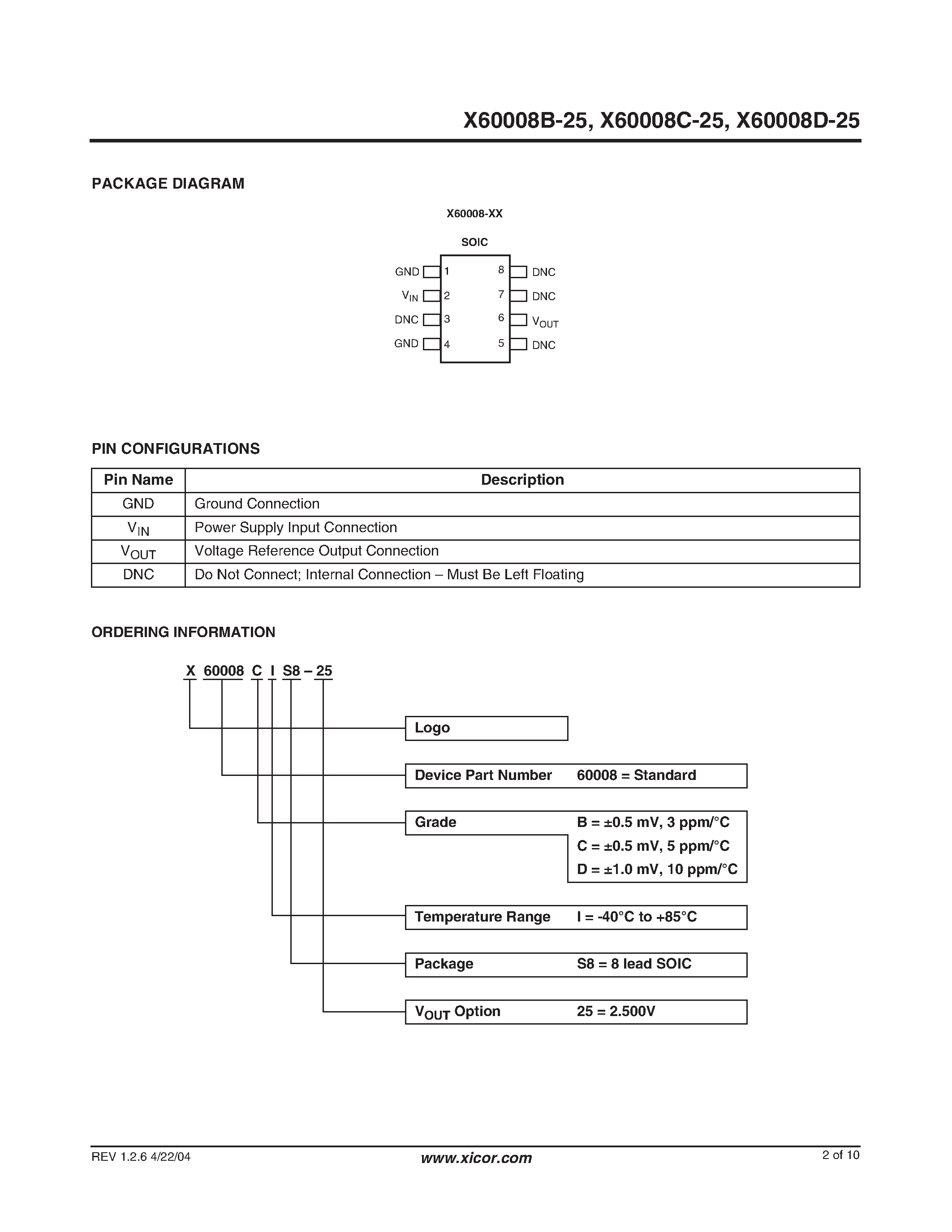 Datasheet X60008B-25 page 2 Datasheet X60008B-25 - (X60008x-25) Precison 2.5V FGA Voltage Reference page 2