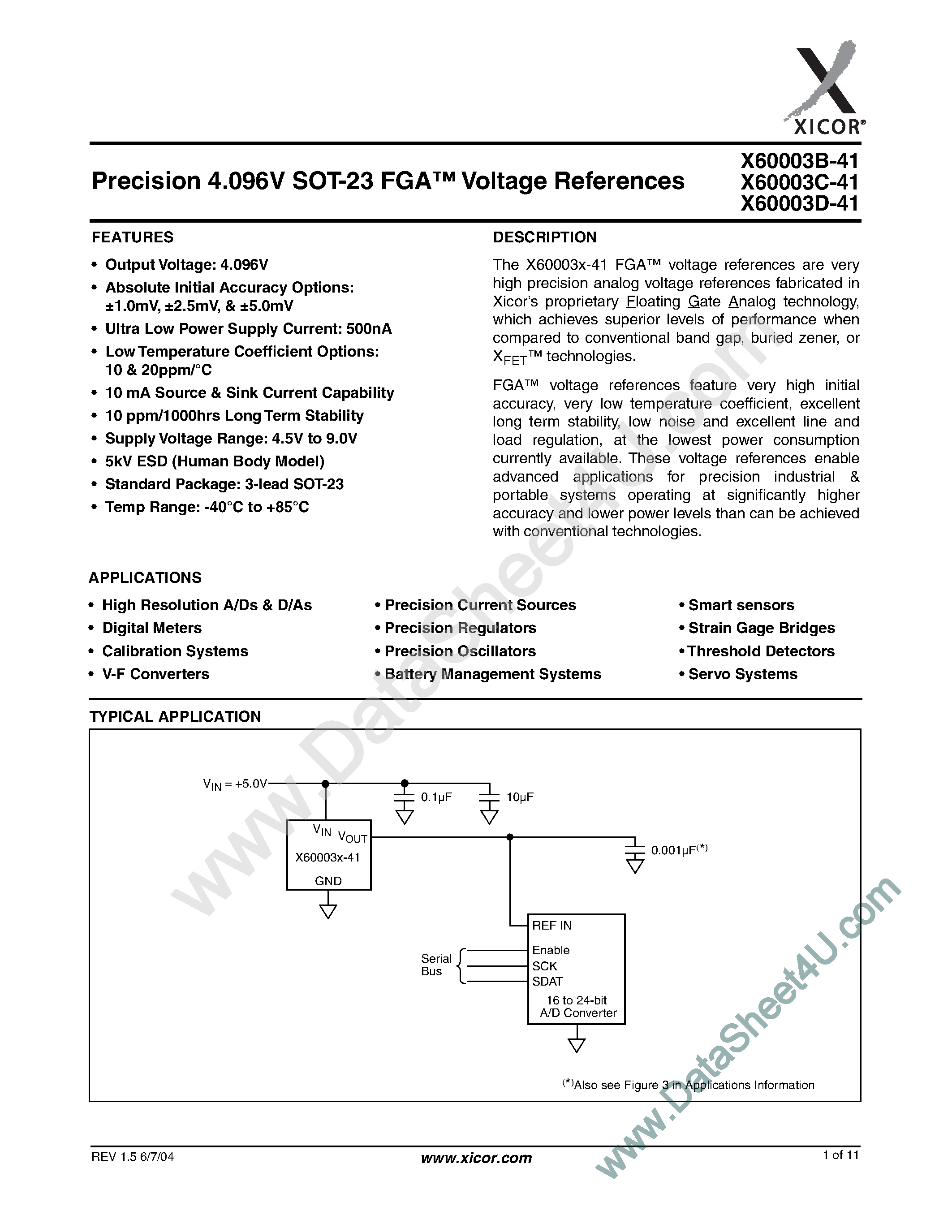Даташит X60003B-41 - (X60003x-41) Precison 4.096V FGA Voltage Reference страница 1