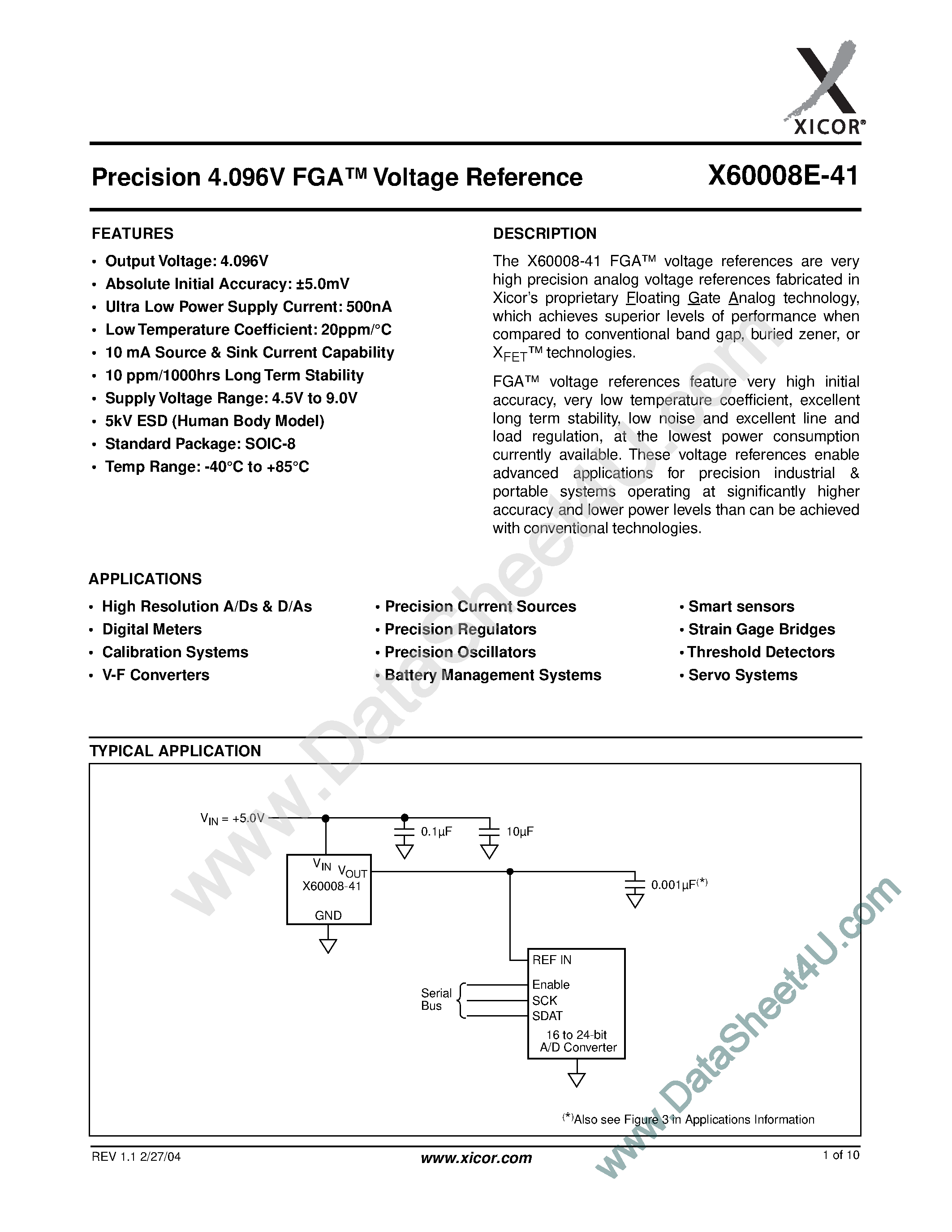 Даташит X60008E-41 - Precison 4.096V FGA Voltage Reference страница 1