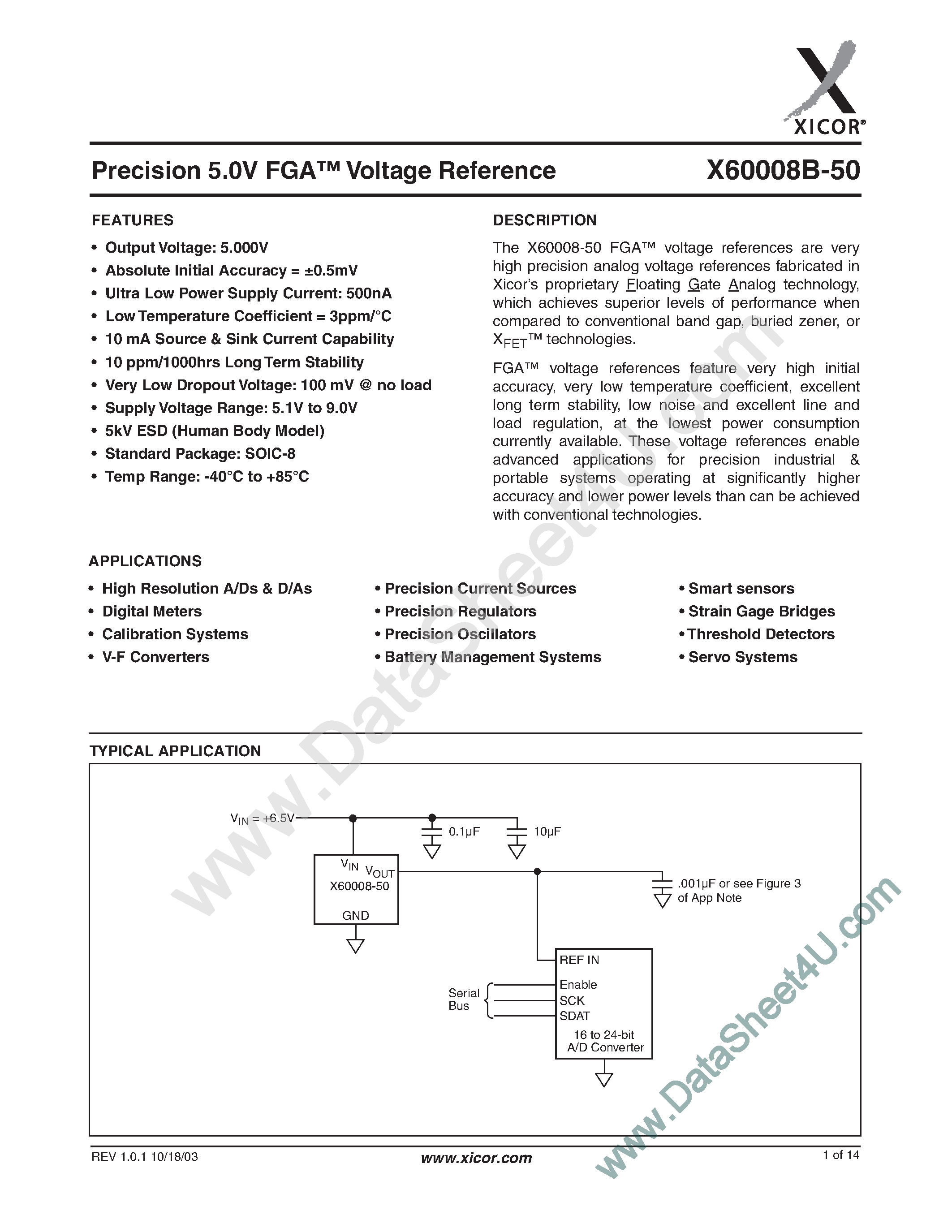 Даташит X60008B-50 - Precison 5.0V FGA Voltage Reference страница 1