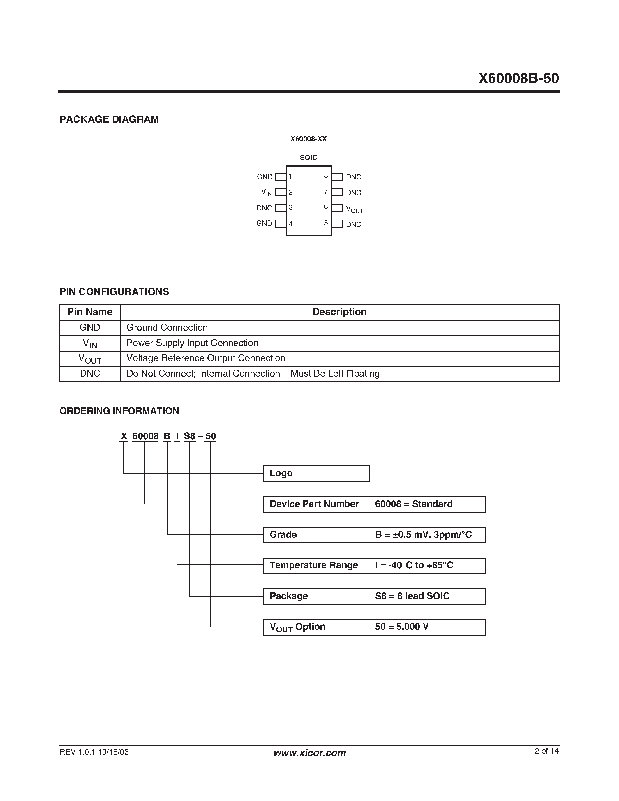 Даташит X60008B-50 - Precison 5.0V FGA Voltage Reference страница 2