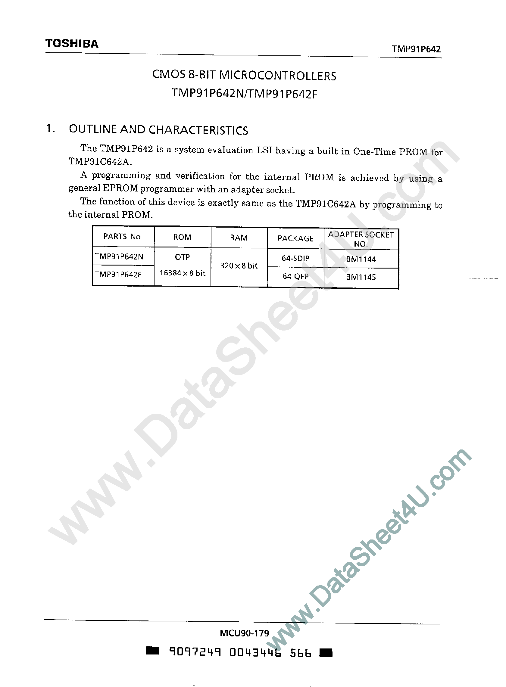 Datasheet TMP91P642 - CMOS 8-Bit Microcontrollers page 1