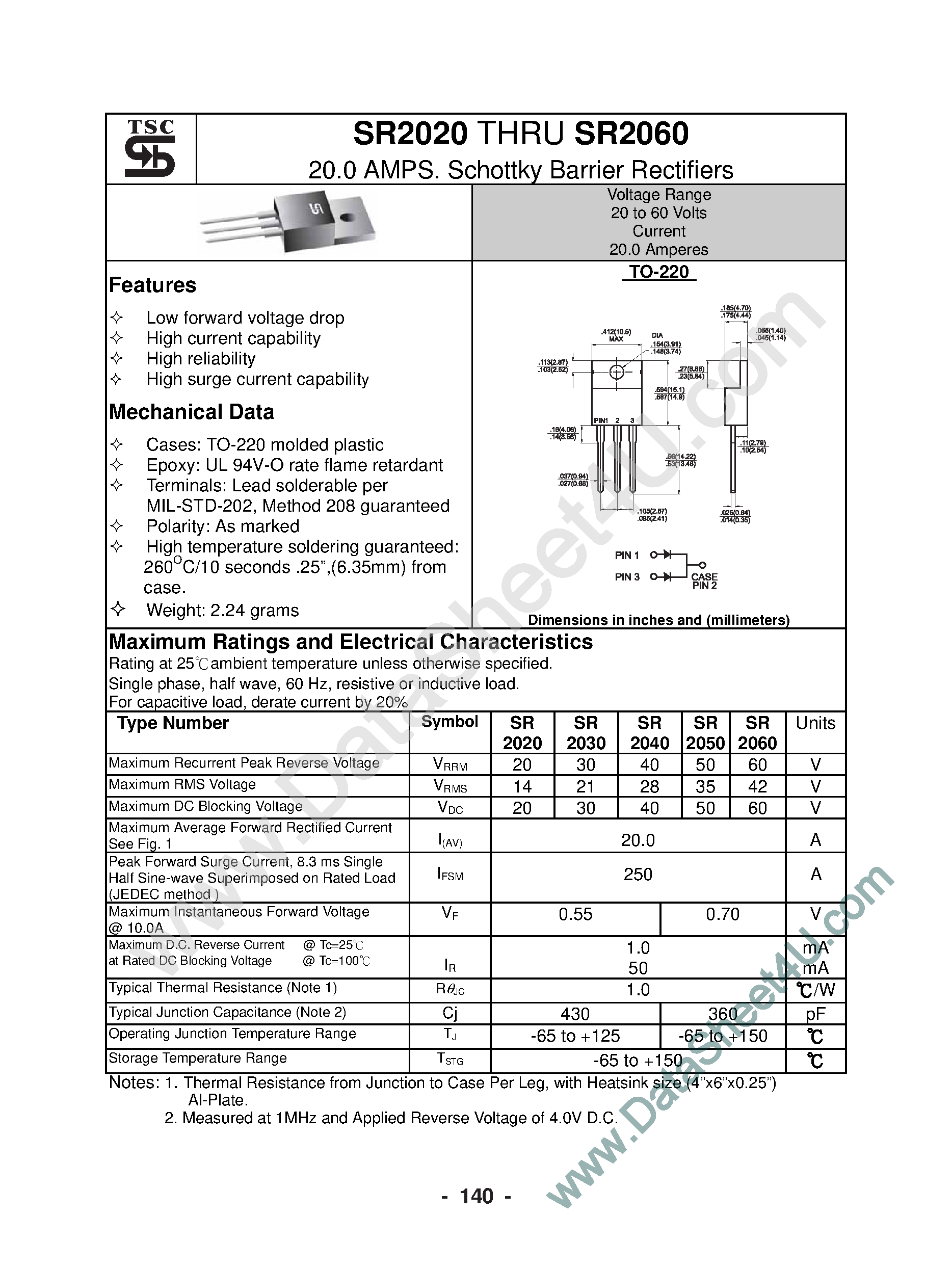 Datasheet SR2020 - (SR2020 - SR2060) 20.0 AMPS. Schottky Barrier Rectifiers page 1