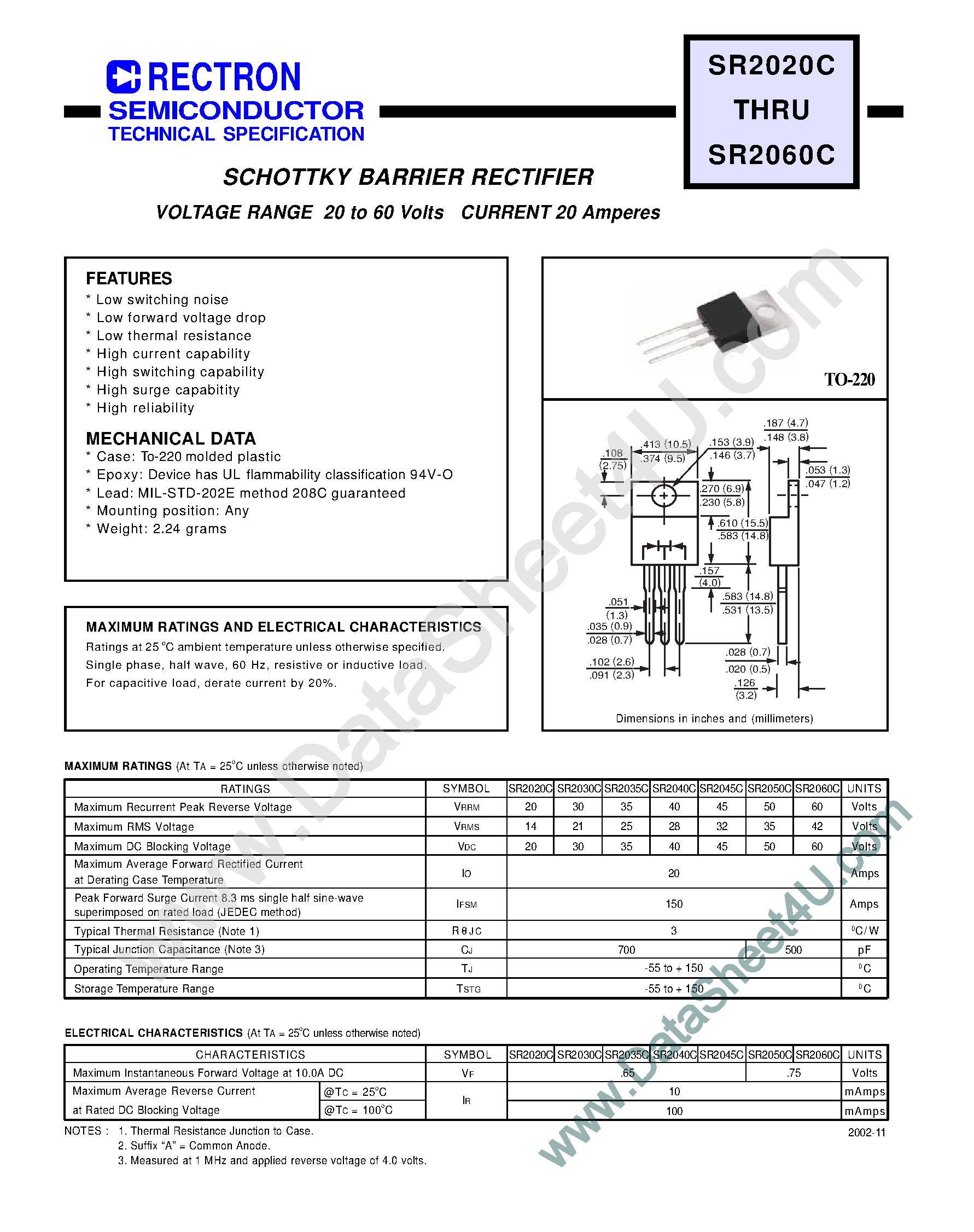 Datasheet SR2020C page 1 Datasheet SR2020C - (SR2020C - SR2060C) Schottky Barrier Rectifier page 1