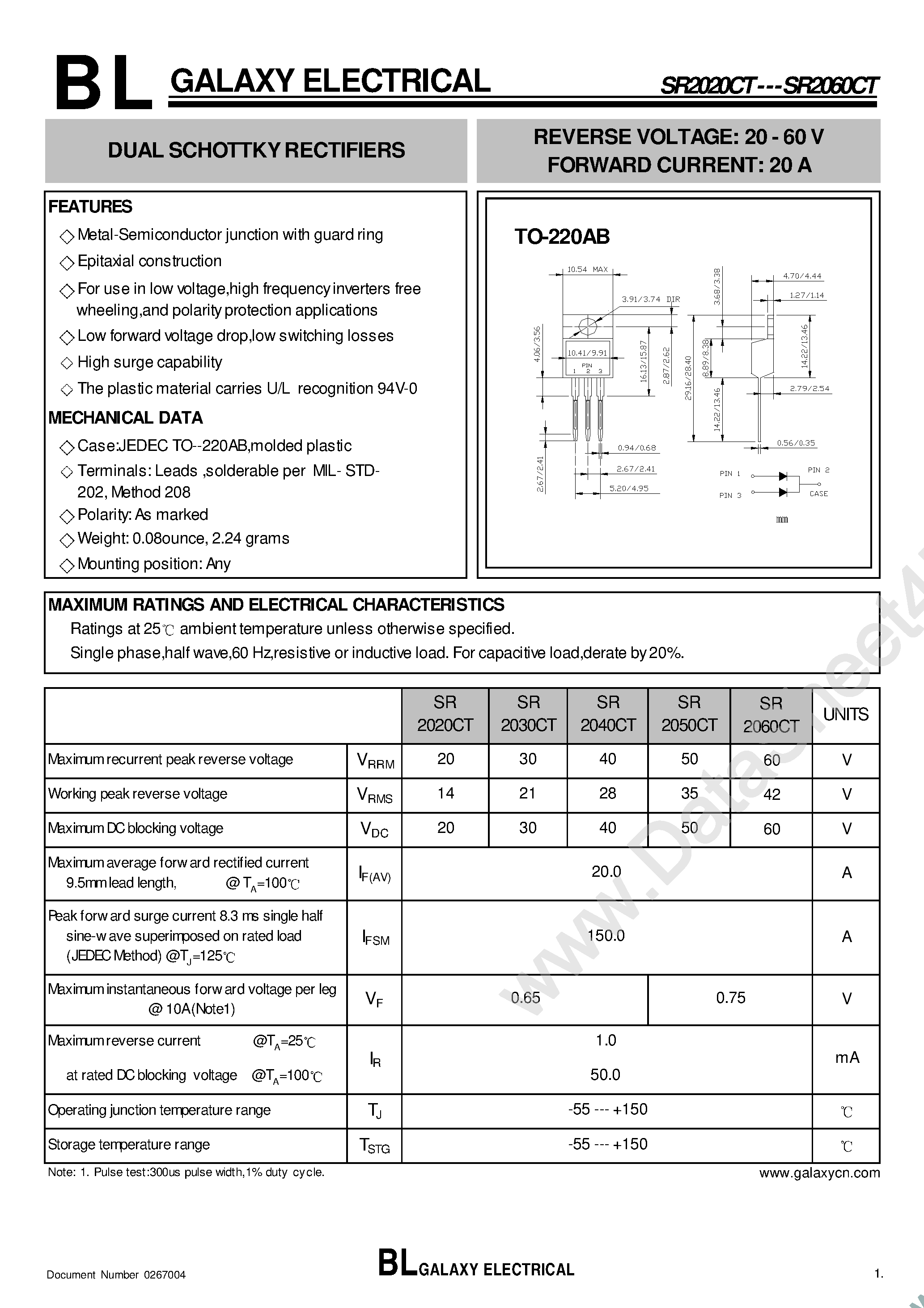 Datasheet SR2020CT - (SR2020CT - SR2060CT) Dual Schottky Rectifiers page 1