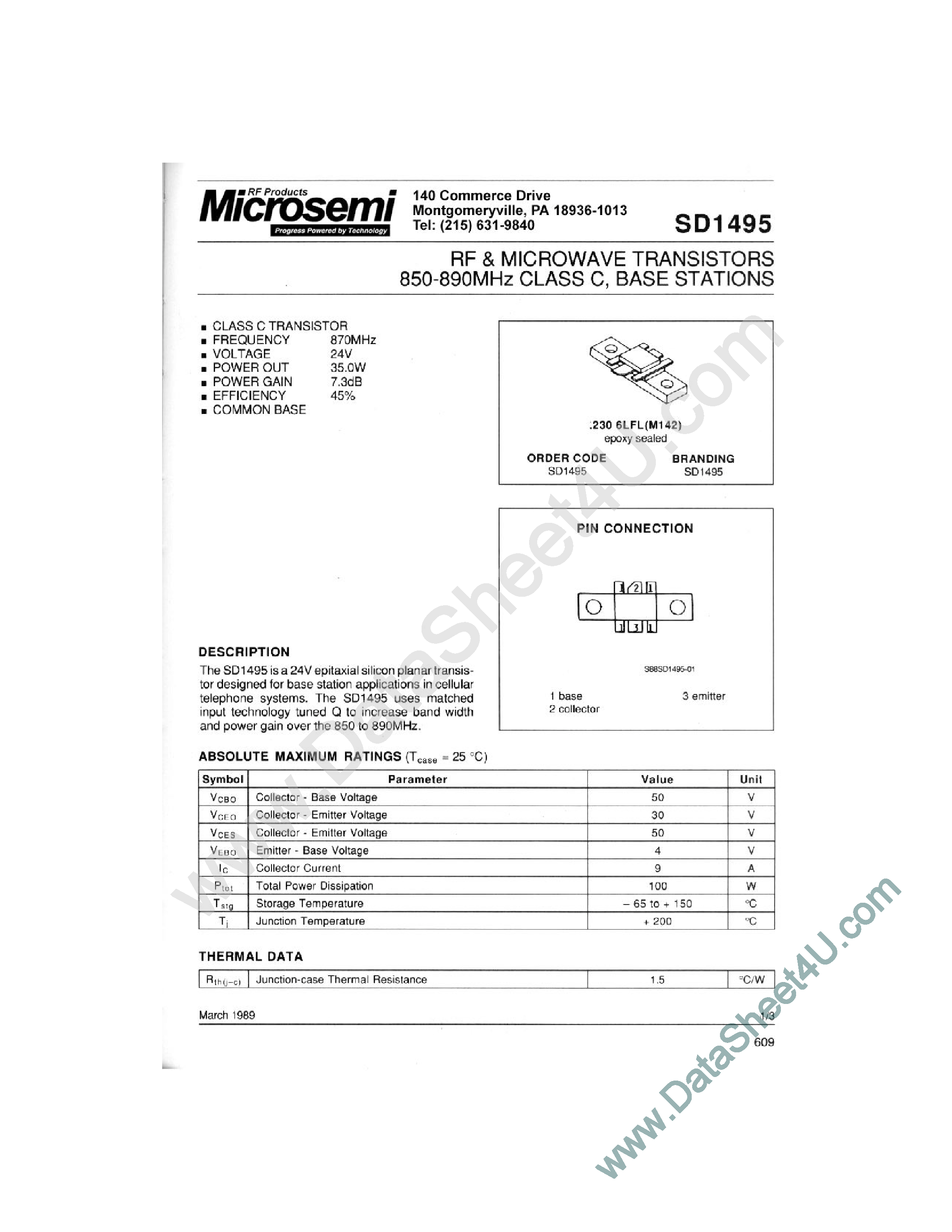 Даташит SD1495 - RF & MICROWAVE TRANSISTORS 850-890 MHz CLASS C BASE STATIONS страница 1
