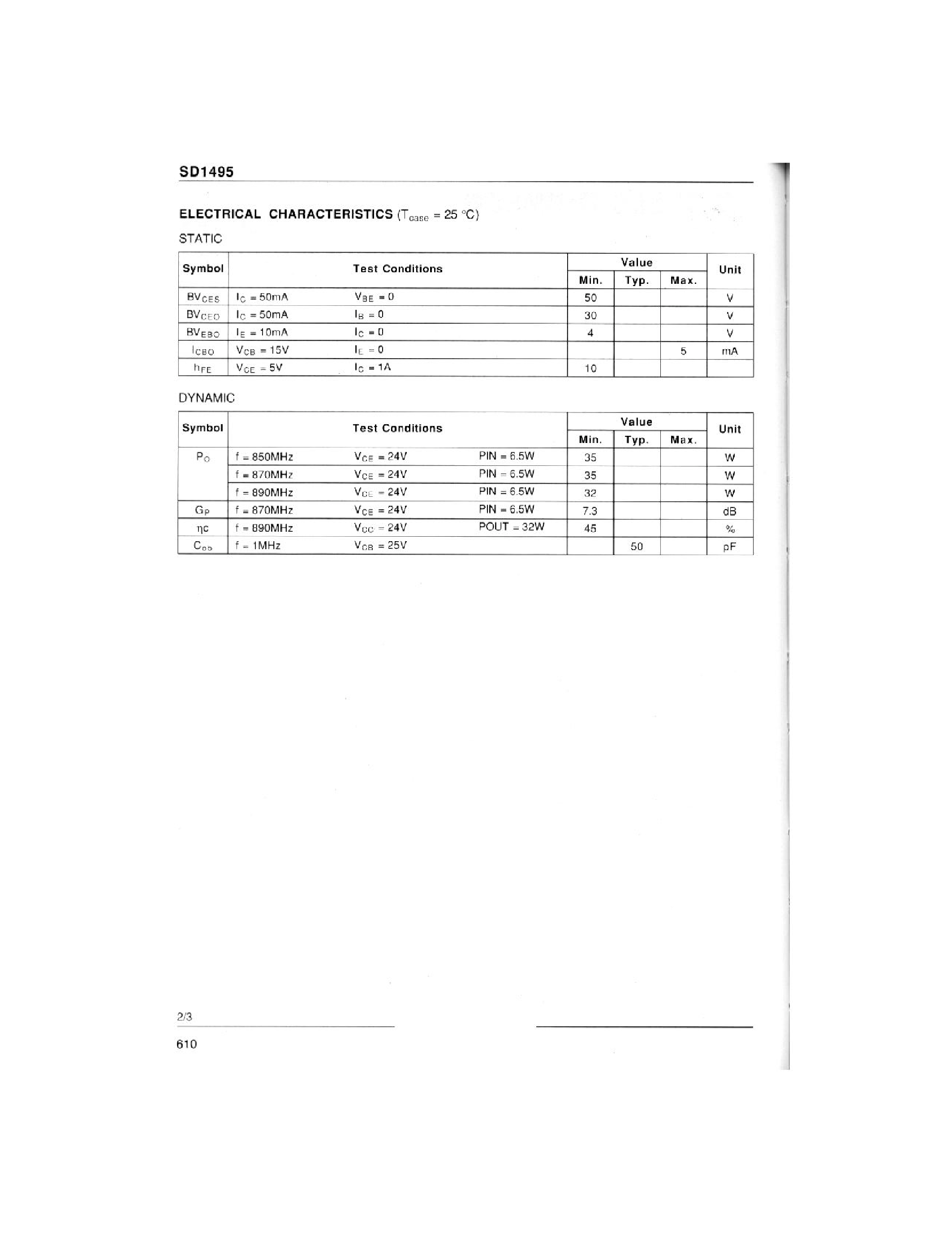 Даташит SD1495 - RF & MICROWAVE TRANSISTORS 850-890 MHz CLASS C BASE STATIONS страница 2