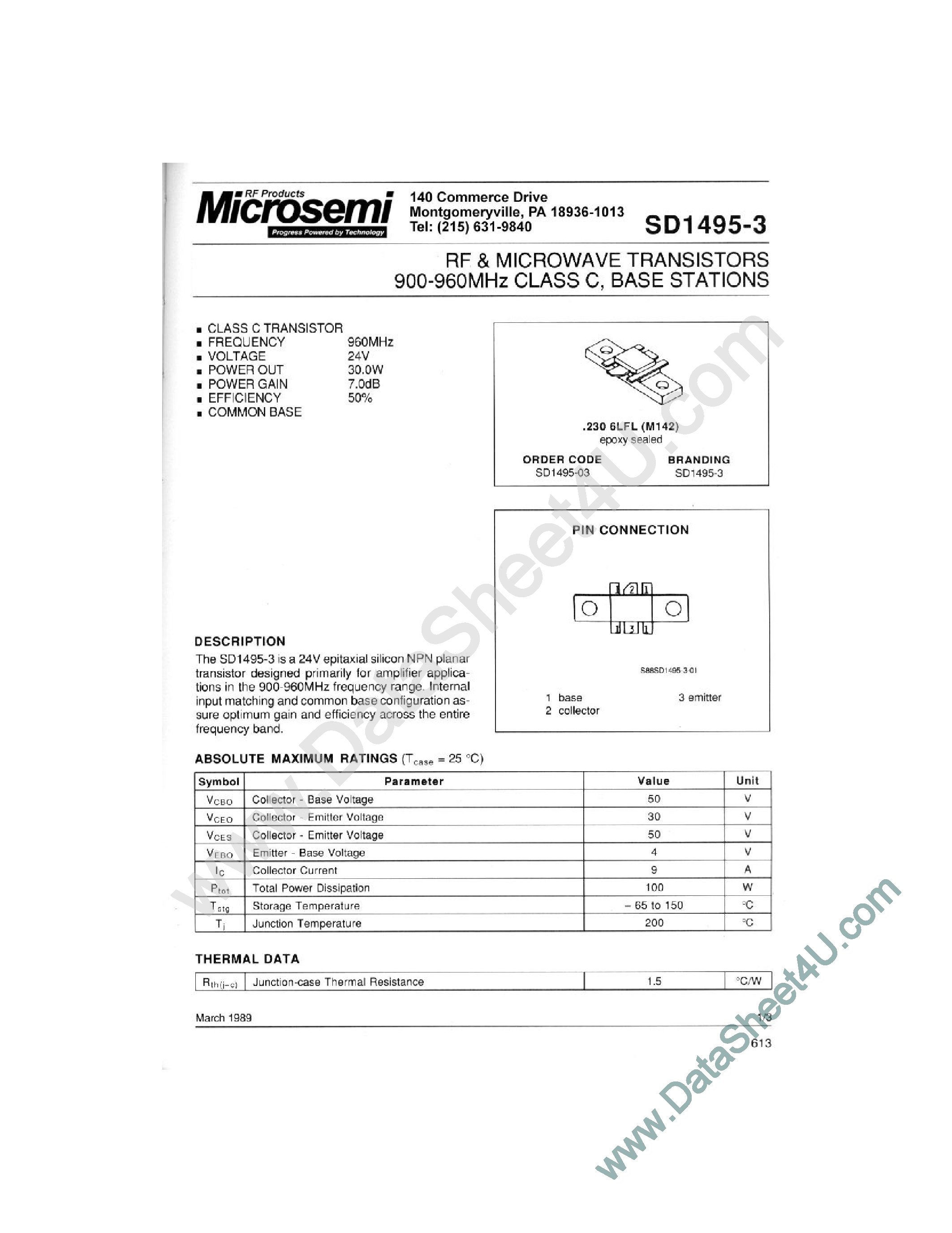 Даташит SD1495-3 - RF & MICROWAVE TRANSISTORS 900-960 MHz CLASS C BASE STATIONS страница 1