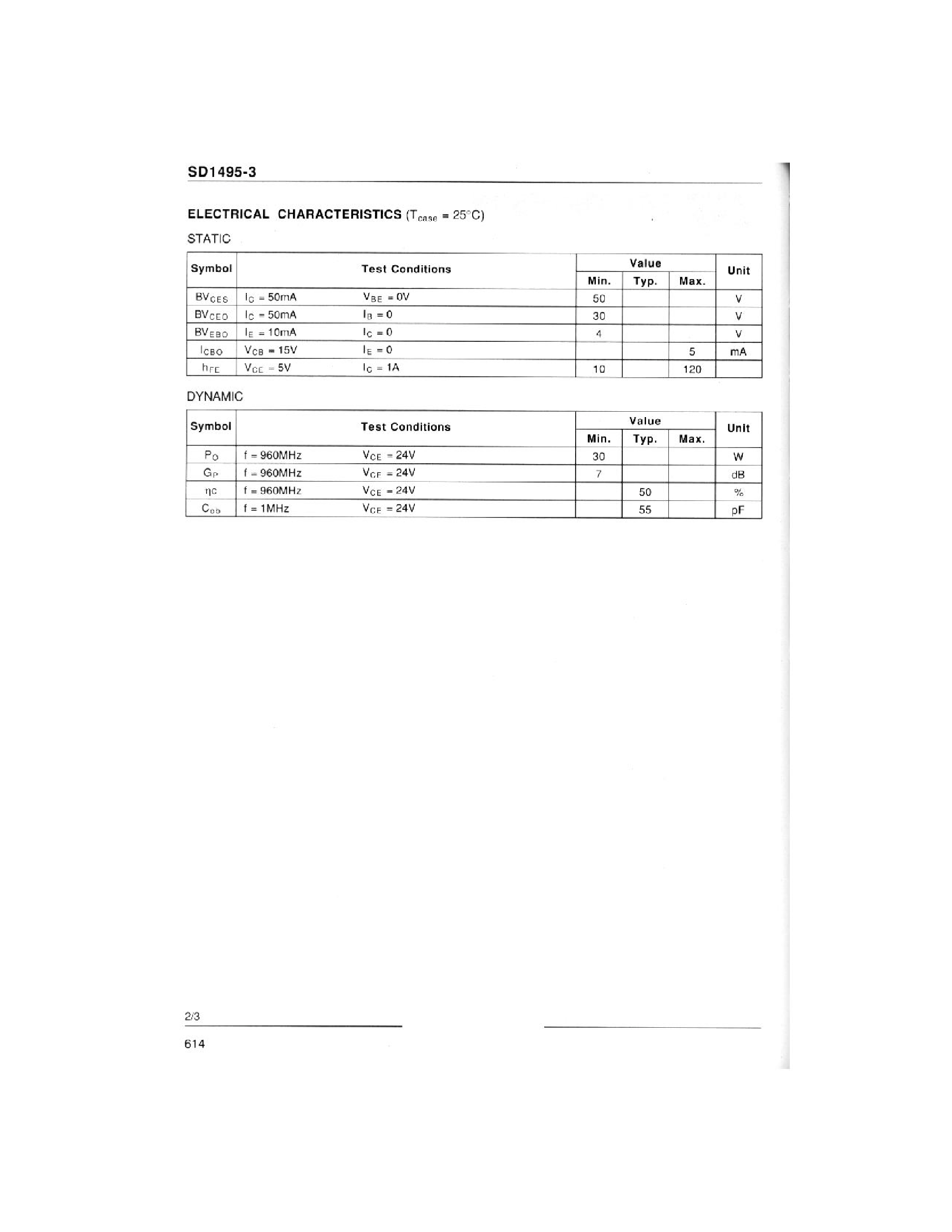 Даташит SD1495-3 - RF & MICROWAVE TRANSISTORS 900-960 MHz CLASS C BASE STATIONS страница 2