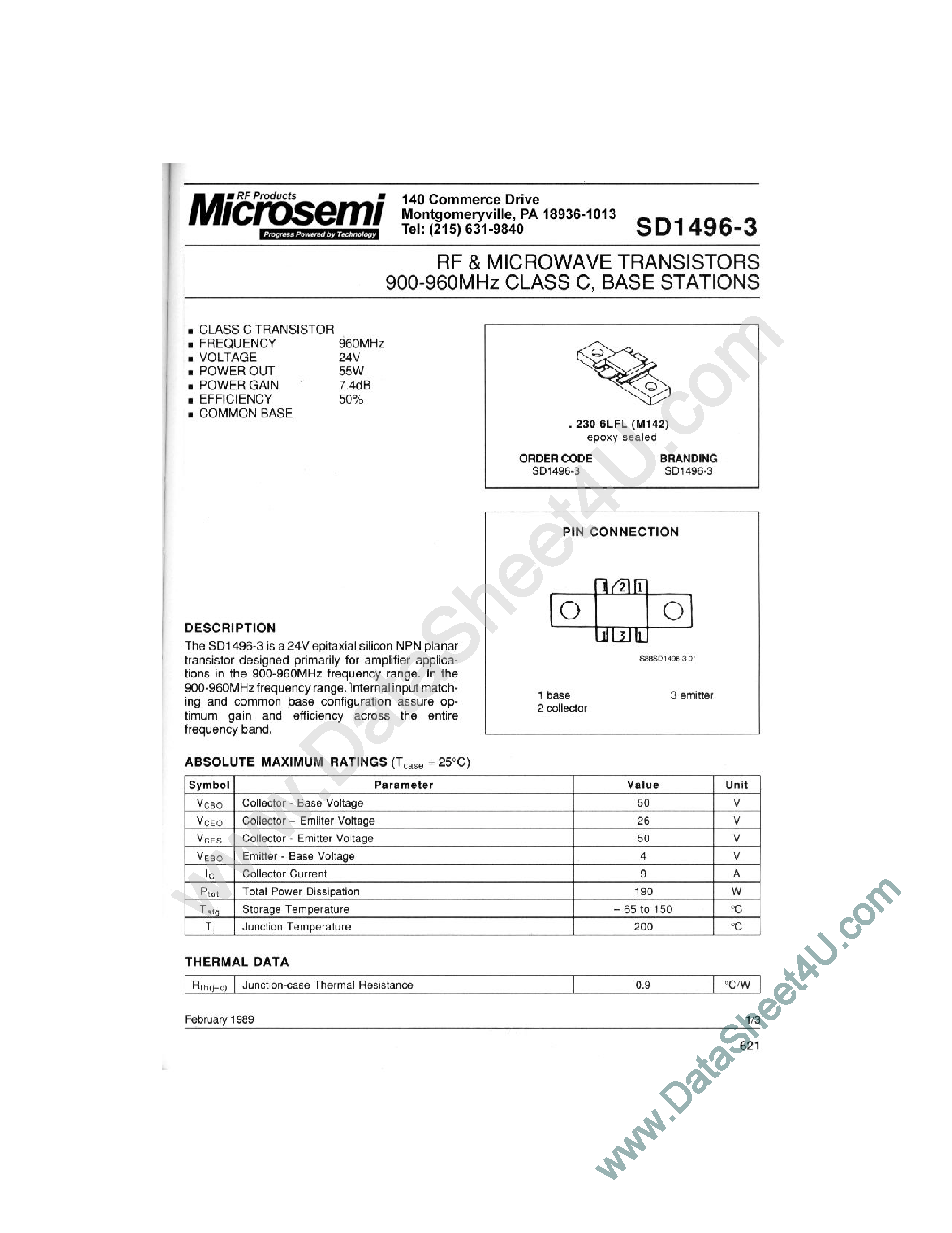 Даташит SD1496-3 - RF & MICROWAVE TRANSISTORS 900-960 MHz CLASS C BASE STATIONS страница 1