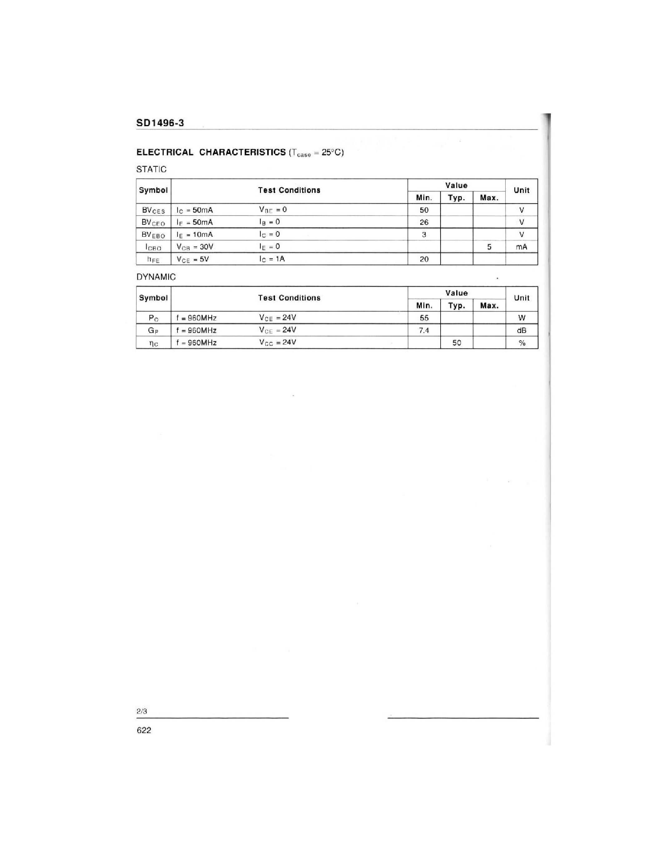 Даташит SD1496-3 - RF & MICROWAVE TRANSISTORS 900-960 MHz CLASS C BASE STATIONS страница 2