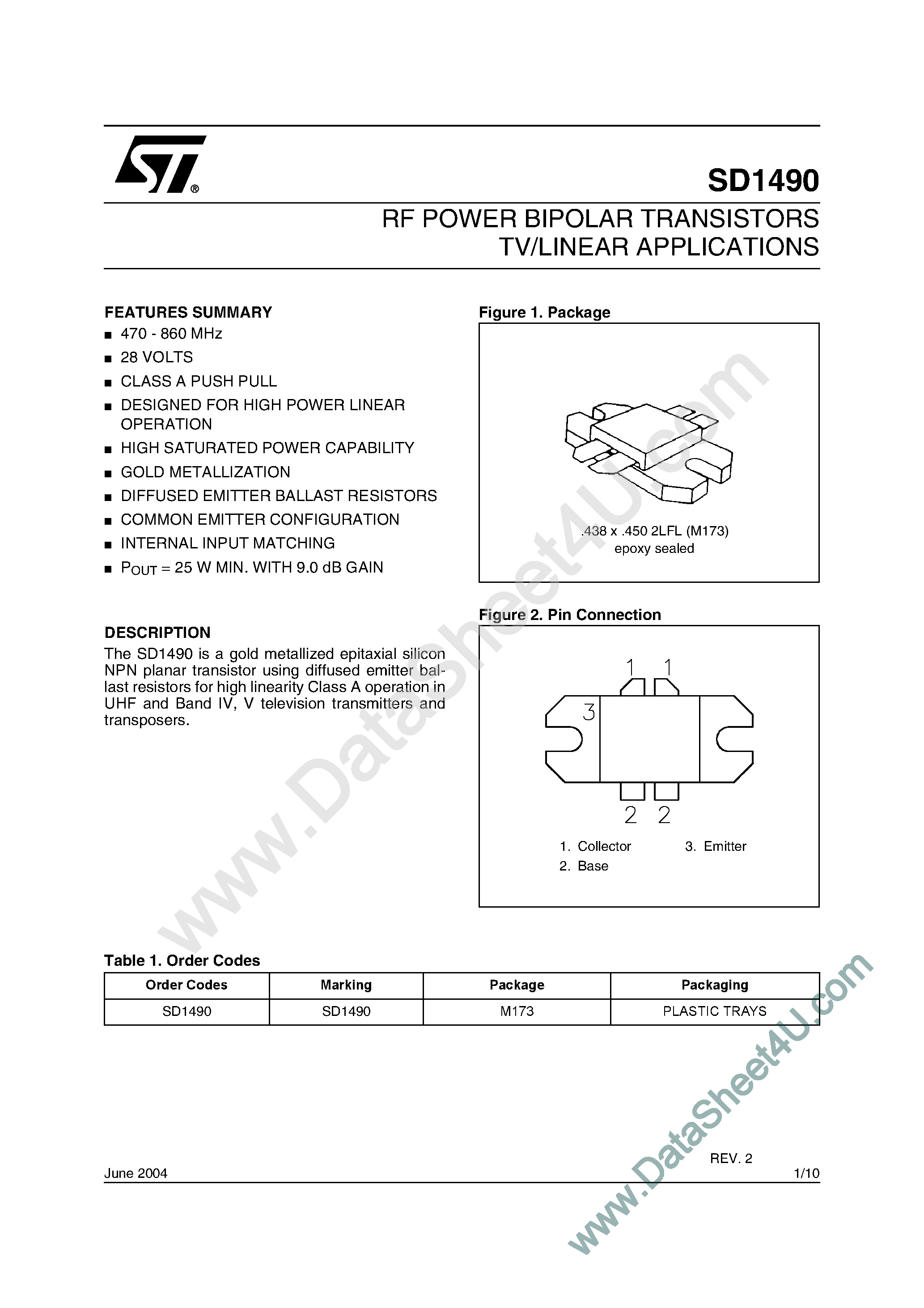 Даташит SD1490 - RF & MICROWAVE TRANSISTORS TV/LINEAR APPLICATIONS страница 1