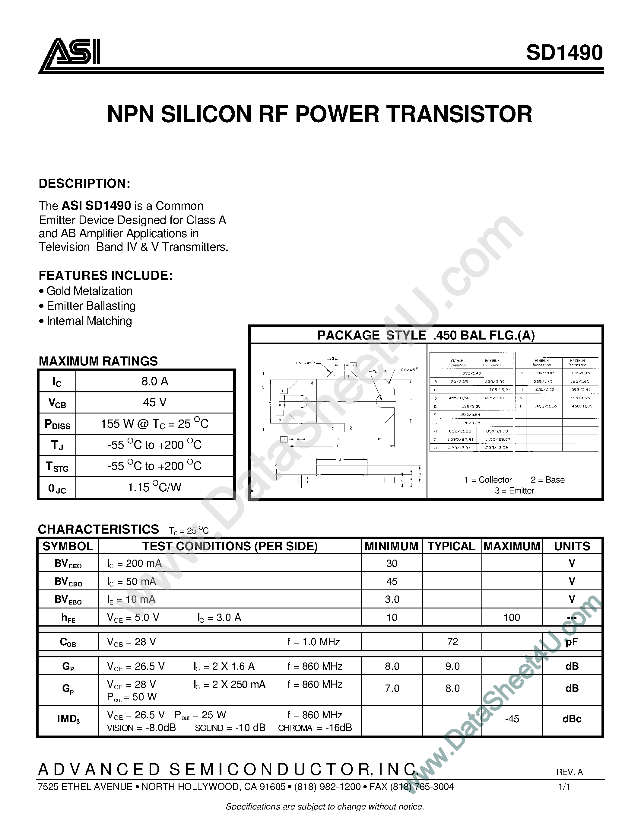 Даташит SD1490 - NPN Silicon RF Power Transistor страница 1