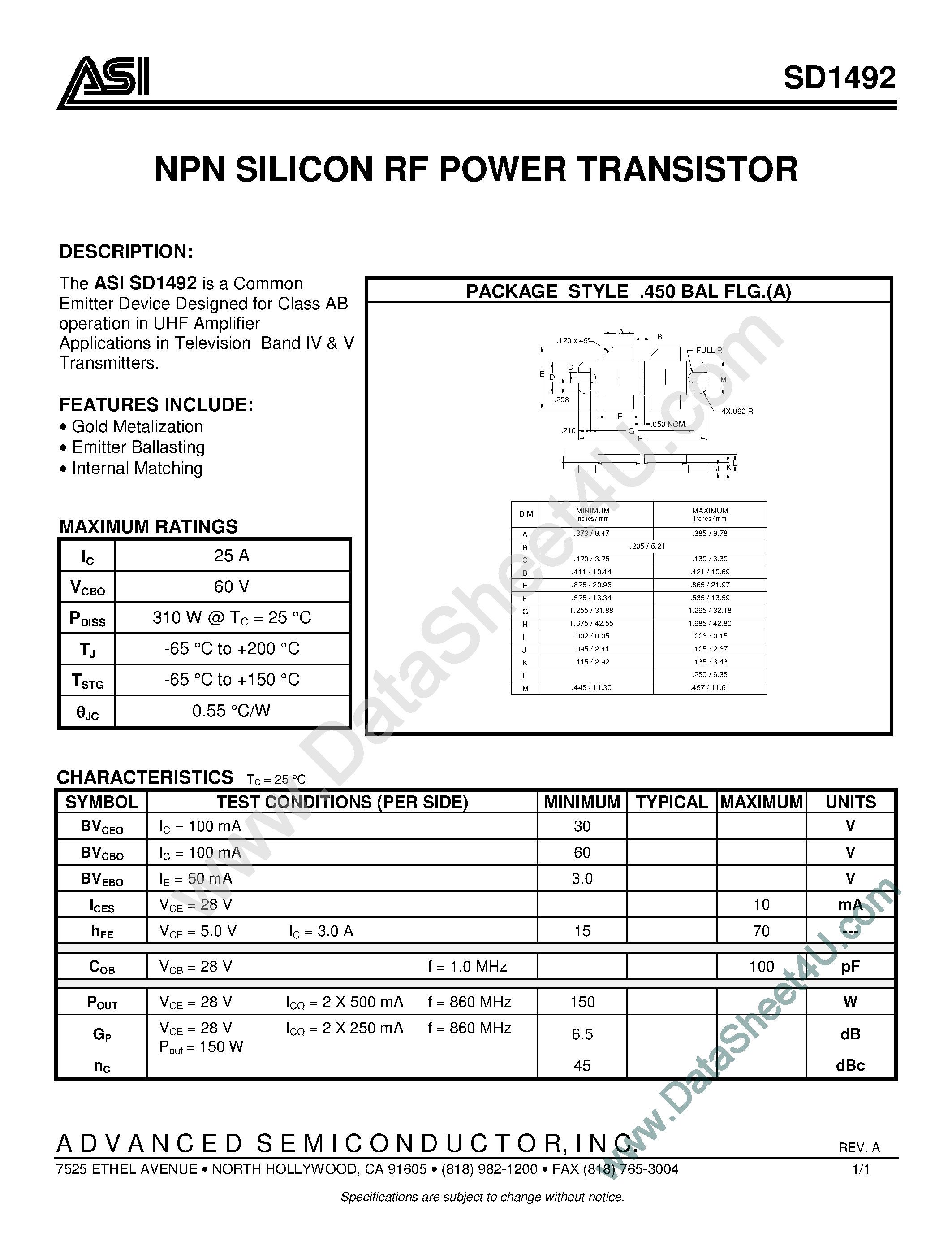 Даташит SD1492 - NPN Silicon RF Power Transistor страница 1