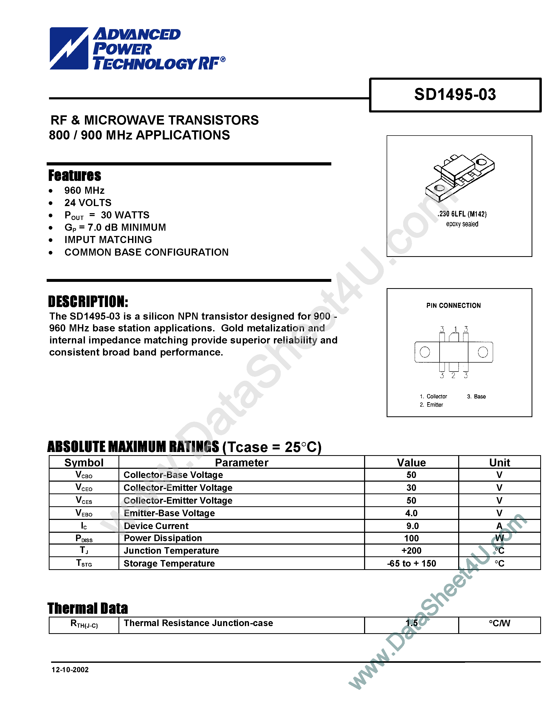 Даташит SD1495-03 - RF & Microwave Transistors страница 1