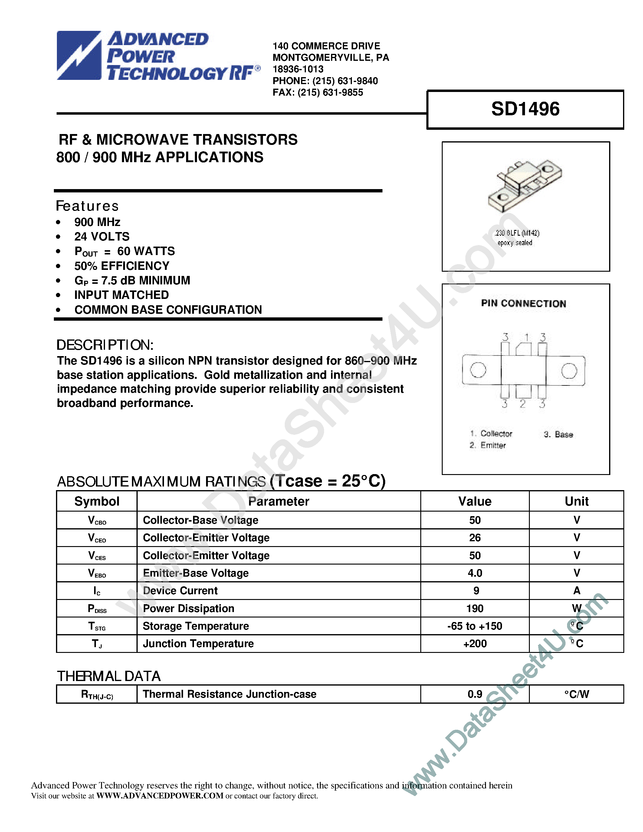 Даташит SD1496 - RF & Microwave Transistors страница 1