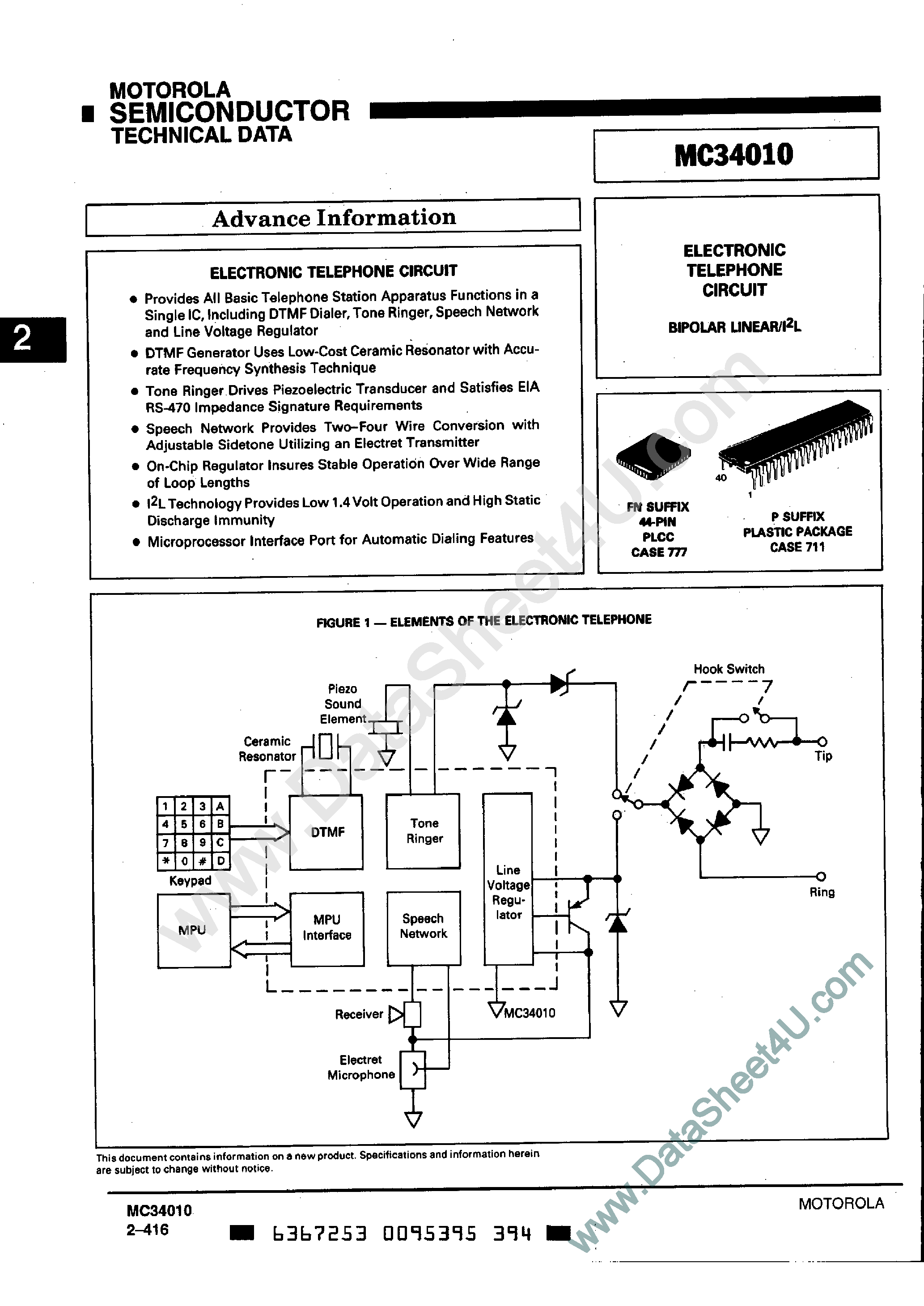 Datasheet MC34010 page 1 Datasheet MC34010 - ELECTRONIC TELEPHONE CIRCUIT page 1