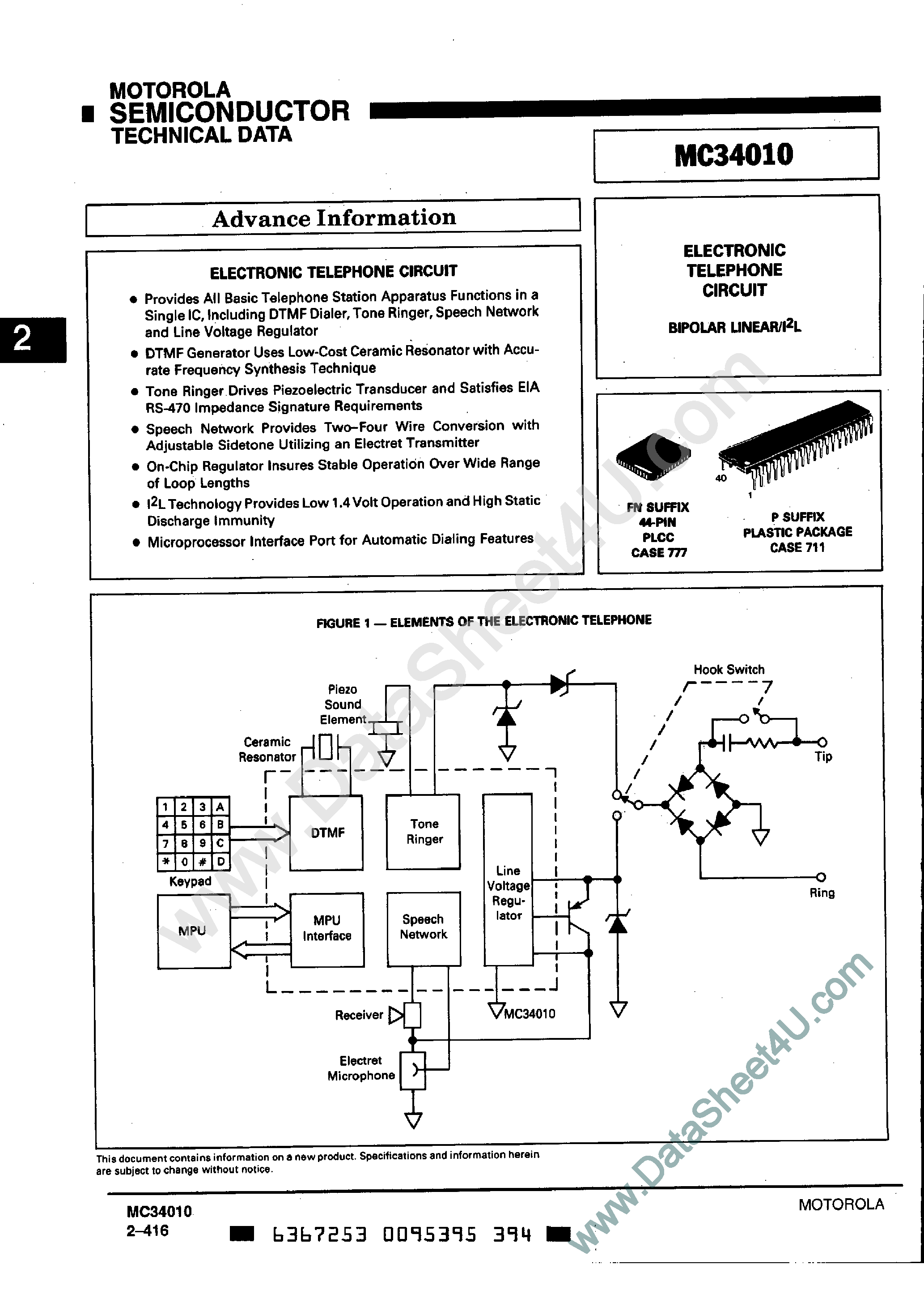 Datasheet MC34010 - ELECTRONIC TELEPHONE CIRCUIT page 1