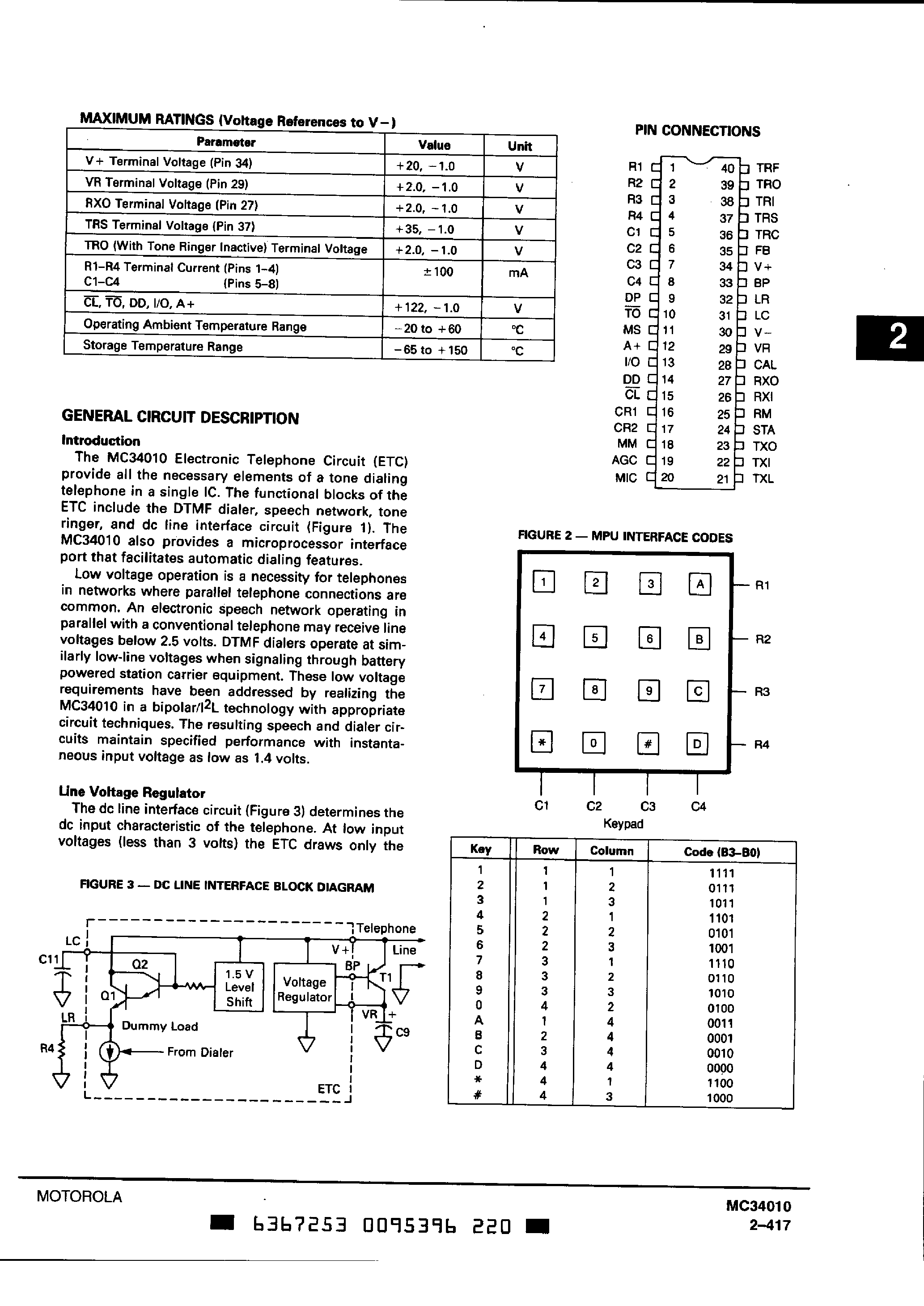 Datasheet MC34010 page 2 Datasheet MC34010 - ELECTRONIC TELEPHONE CIRCUIT page 2
