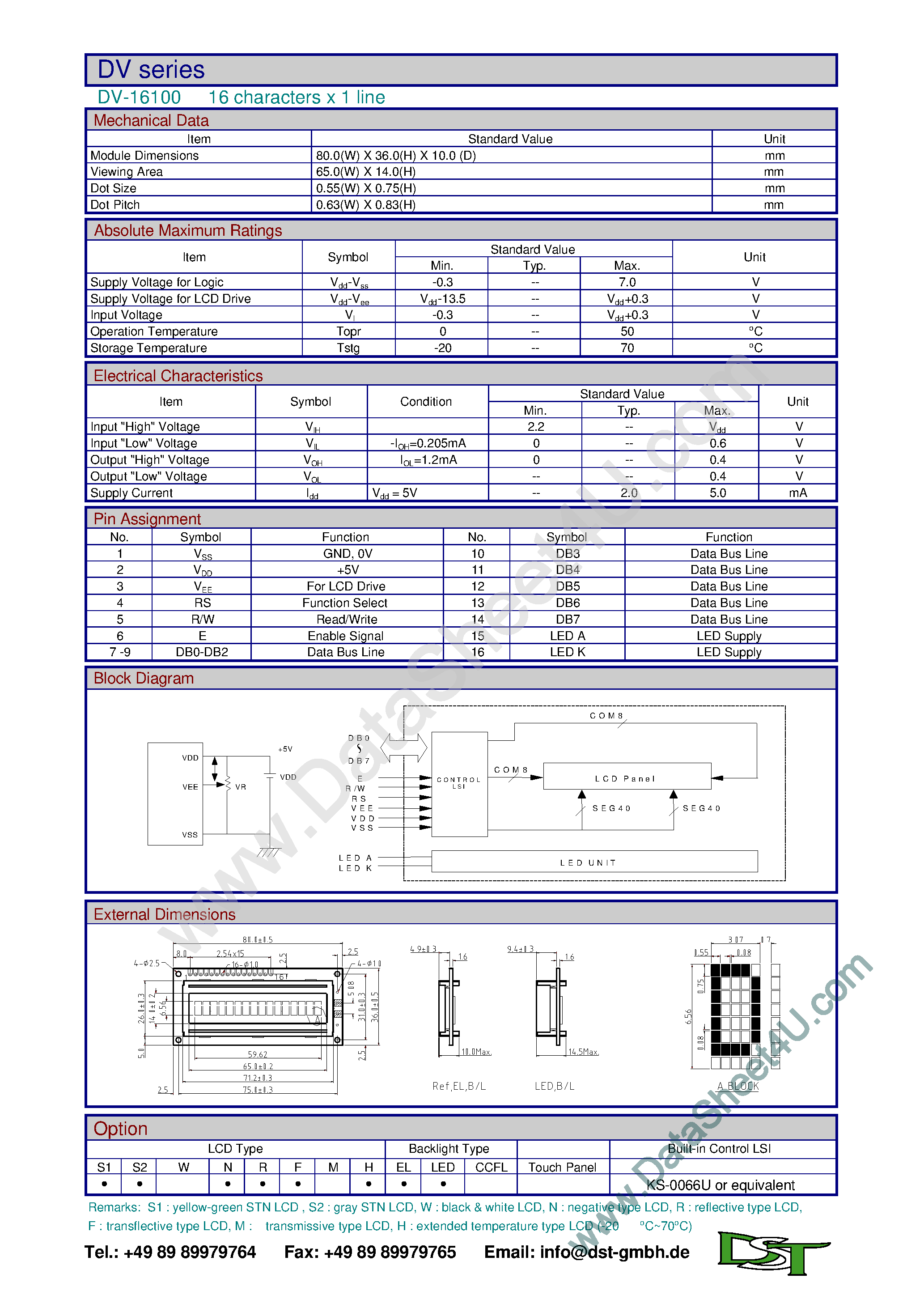 Datasheet DV16100 - 16 Characters x 1 Line page 1