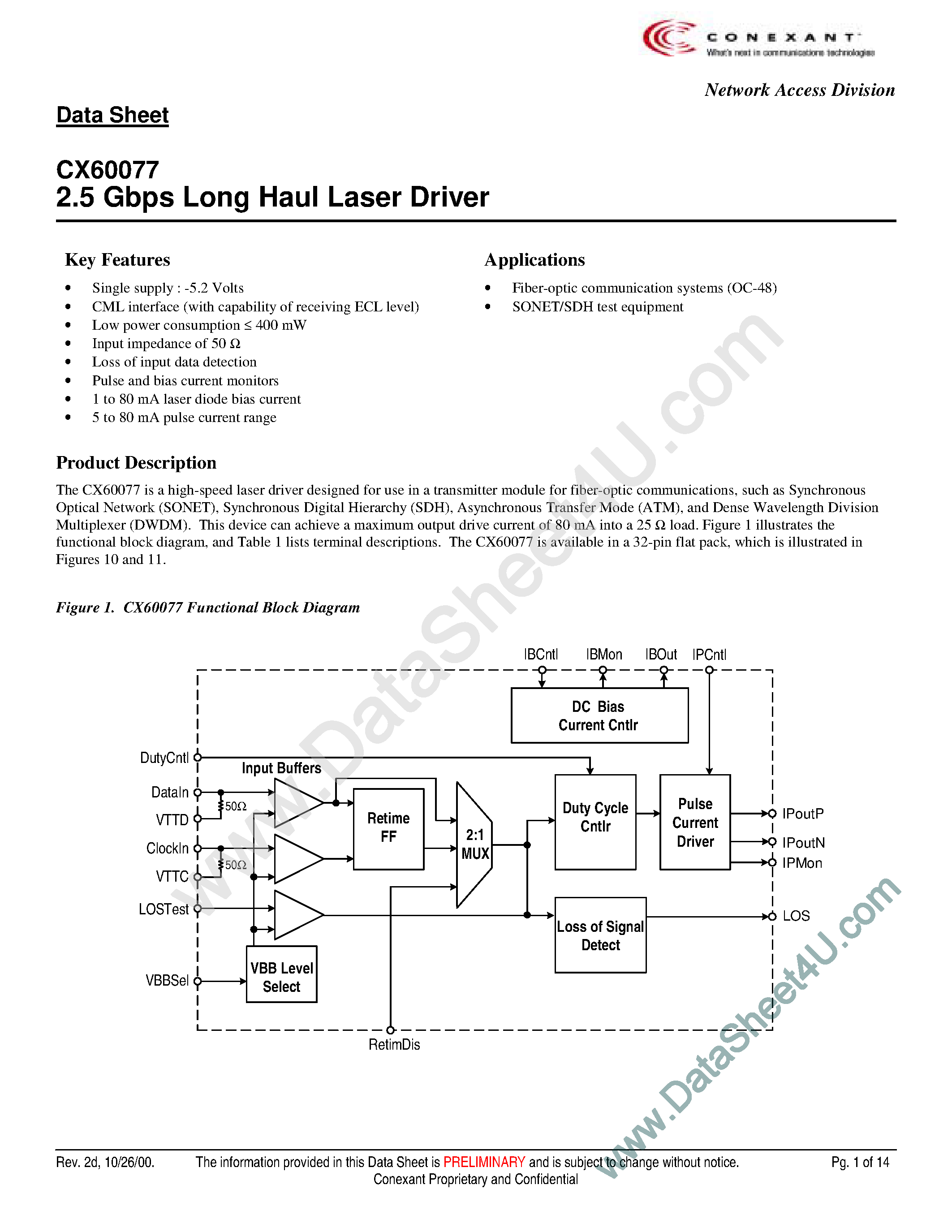 Datasheet CX60077 - 2.5 Gbps Long Haul Laser Driver page 1