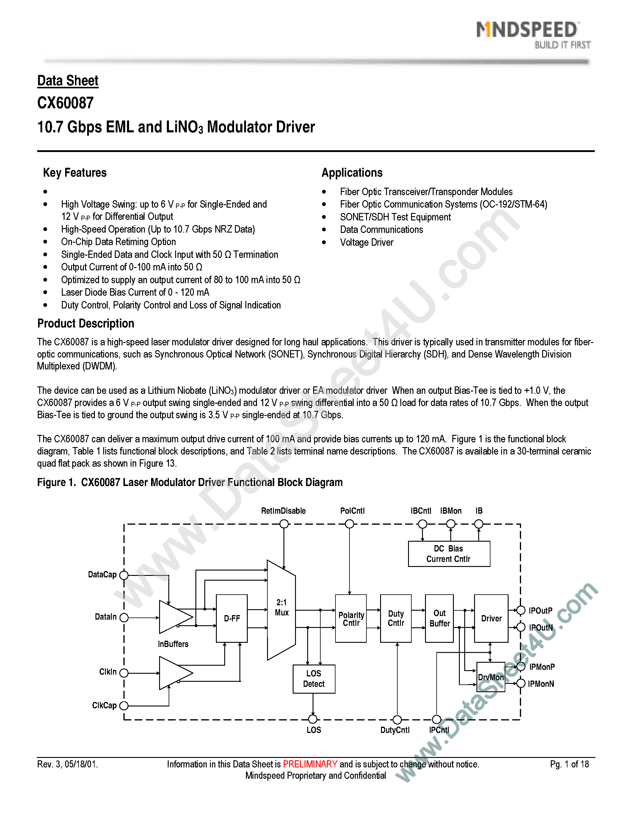 Datasheet CX60087 - 10.7 Gbps EML and LiNO3 Modulator Driver page 1