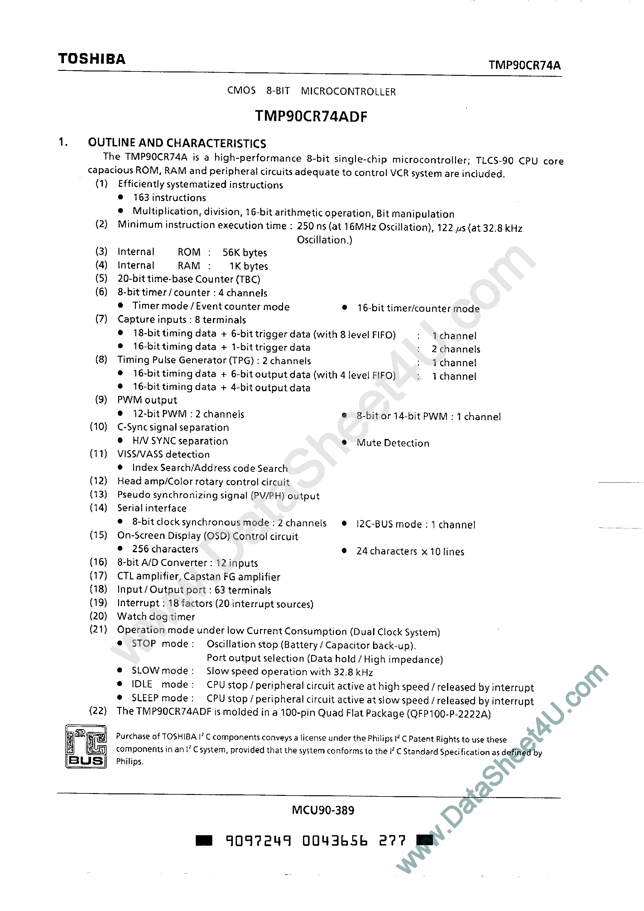 Datasheet TMP90CR74ADF - CMOS 8-Bit Microcontroller page 1