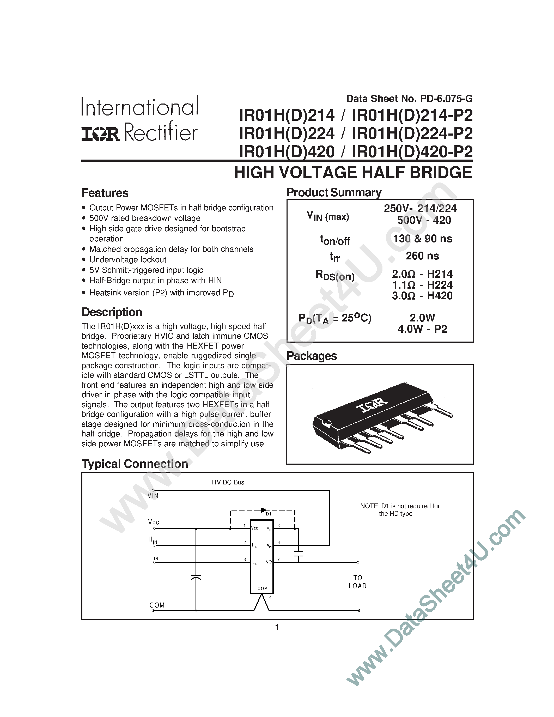 Даташит IR01D214 - (IR01H(D)xxx) HIGH VOLTAGE HALF BRIDGE страница 1