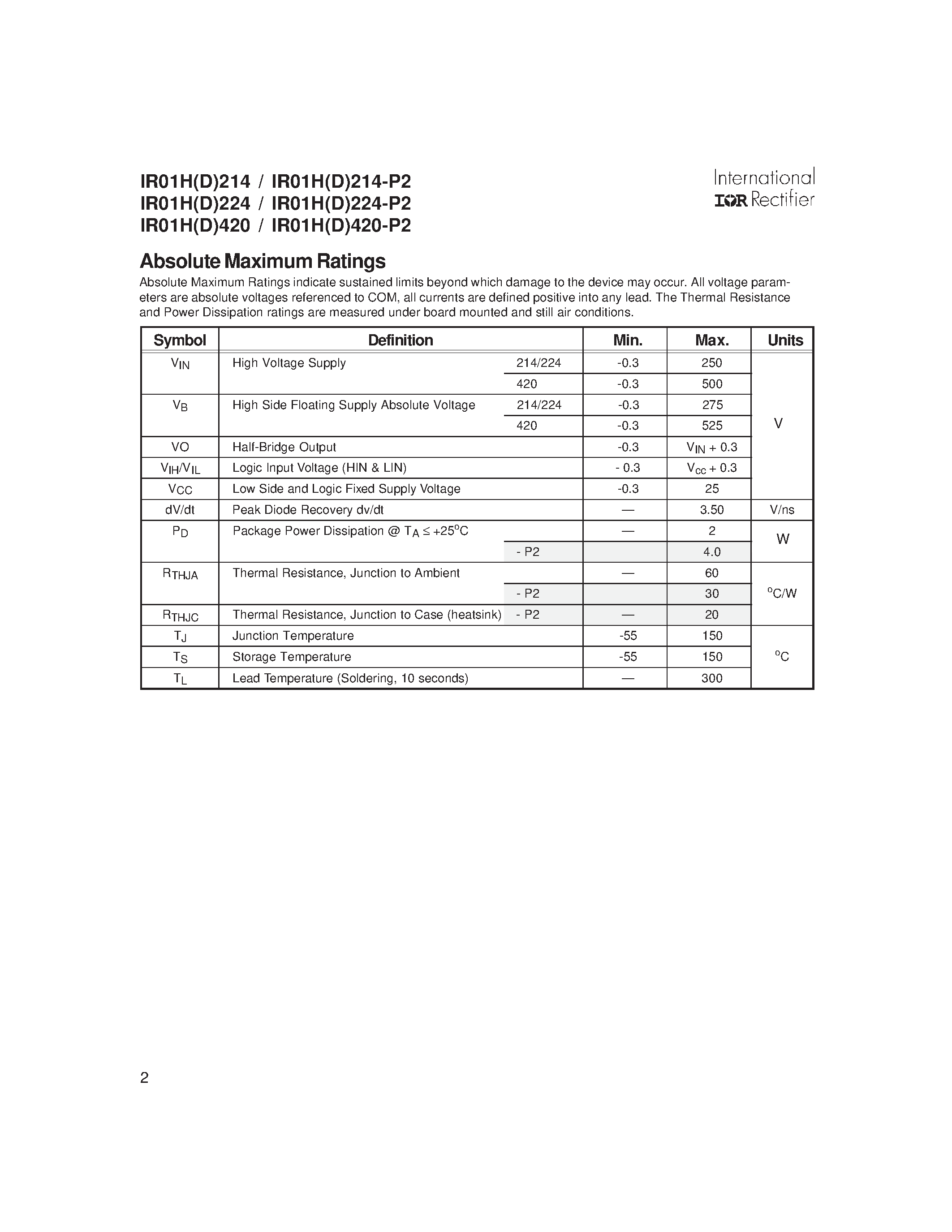 Даташит IR01D214 - (IR01H(D)xxx) HIGH VOLTAGE HALF BRIDGE страница 2