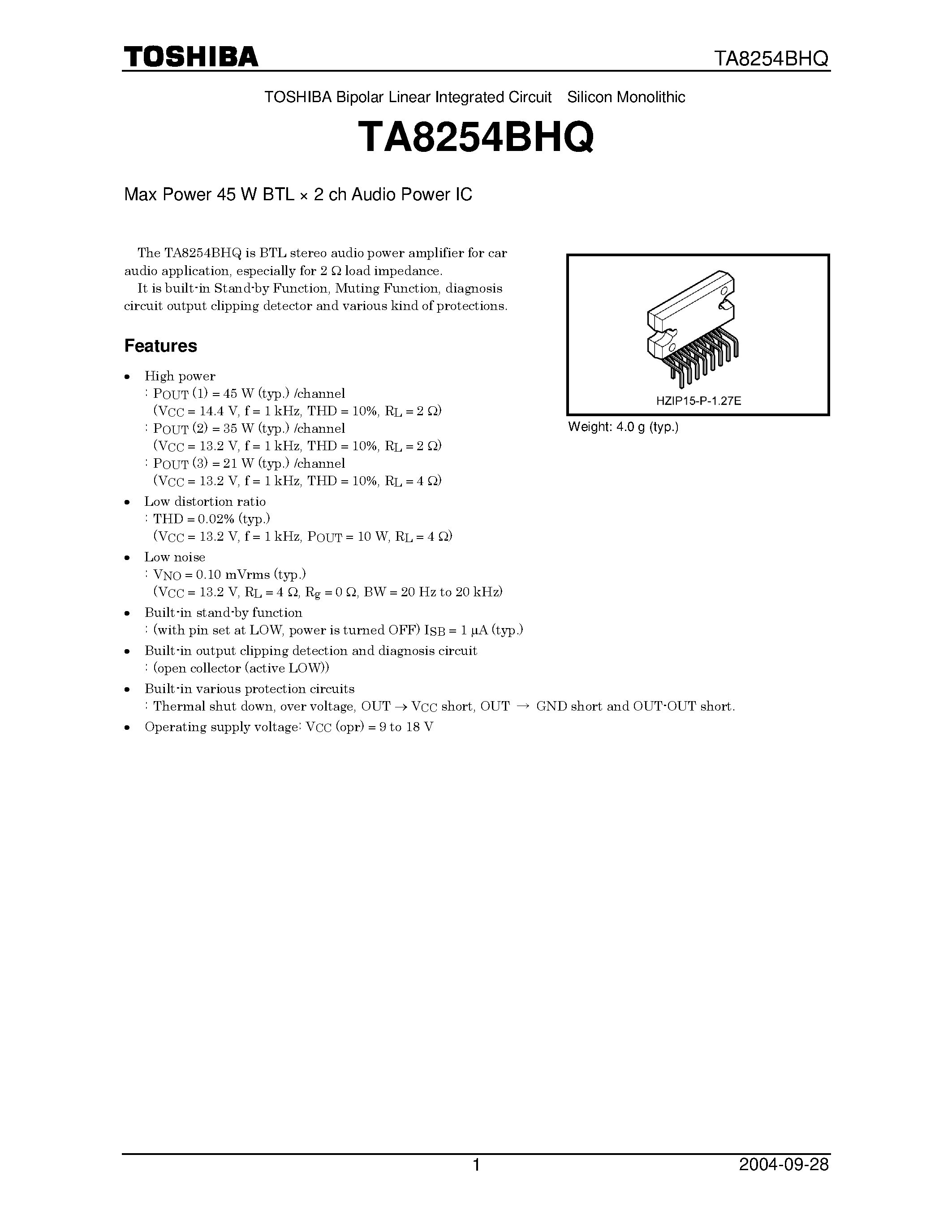 Даташит TA8254BHQ - 45W BTL X 2CH AUDIO POWER AMPLIFIER страница 1