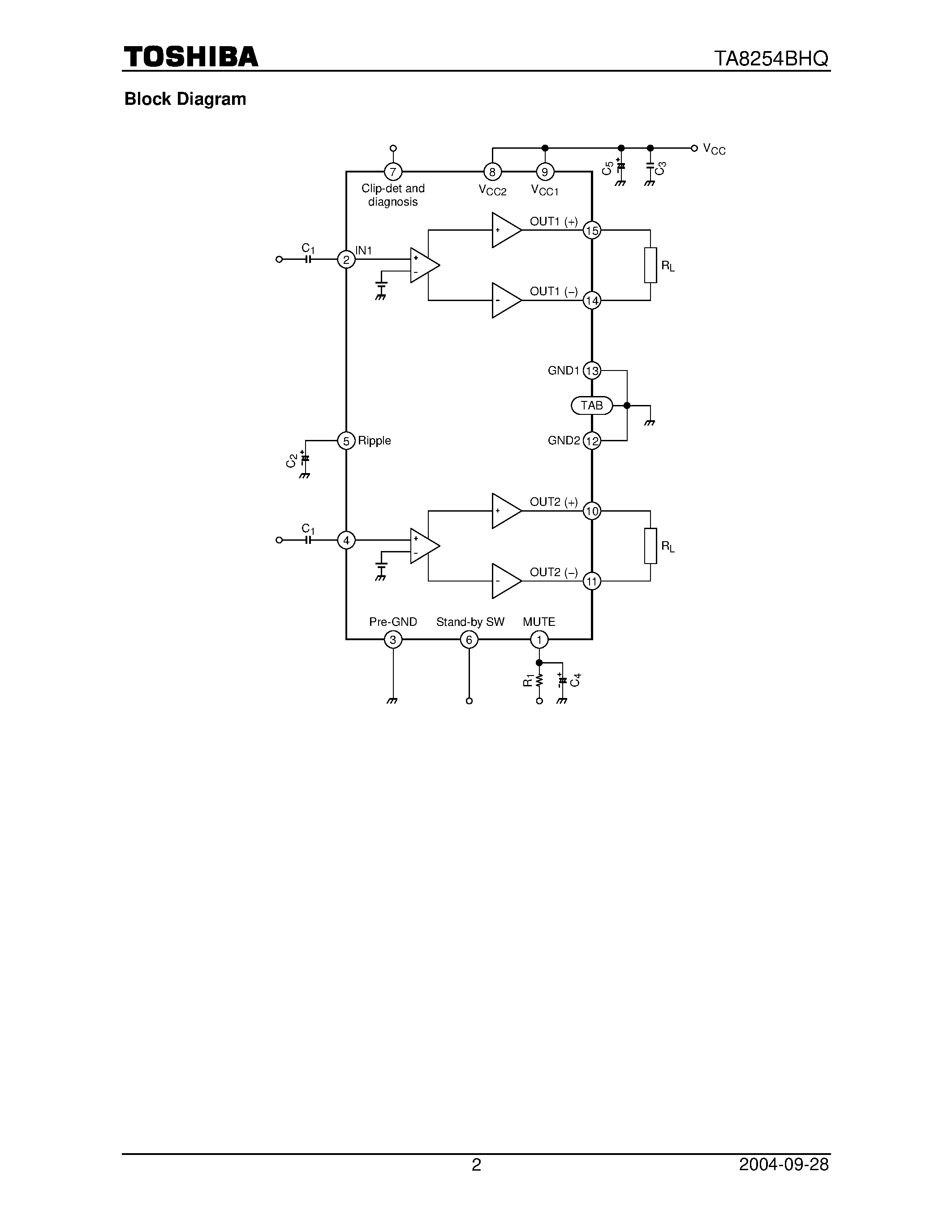 Даташит TA8254BHQ - 45W BTL X 2CH AUDIO POWER AMPLIFIER страница 2