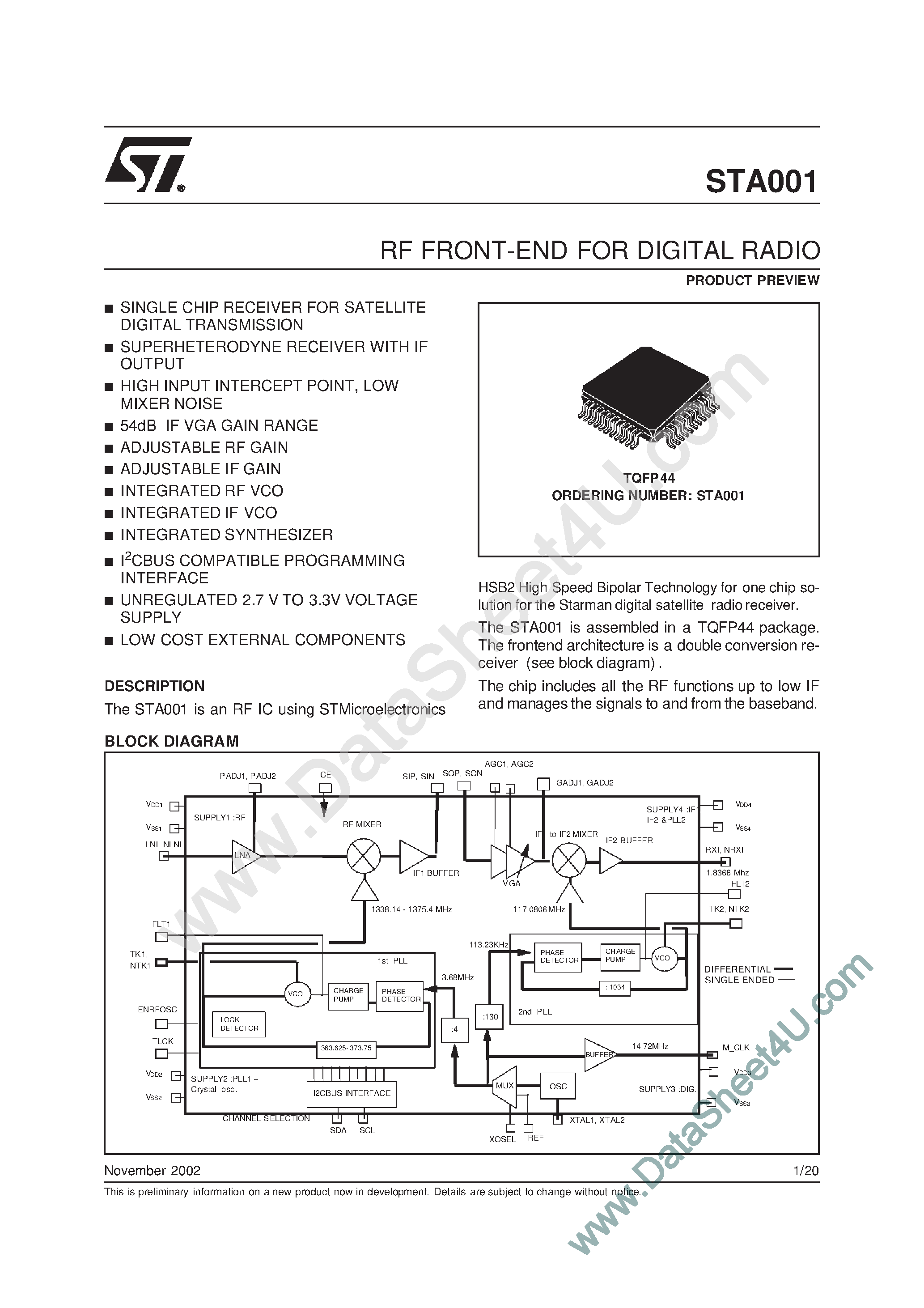 Datasheet STA001 page 1 Datasheet STA001 - RF FRONT-END FOR DIGITAL RADIO page 1