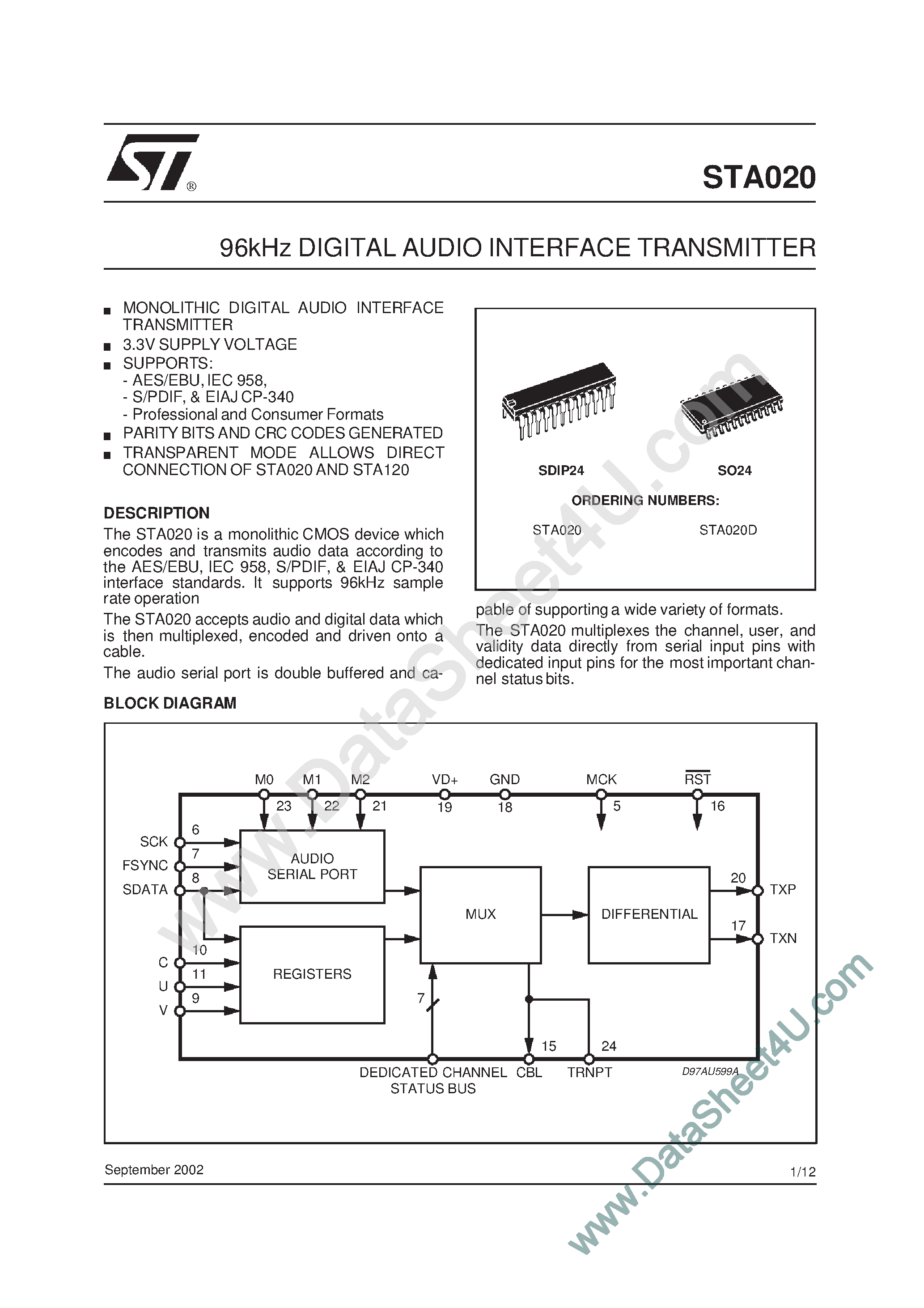 Datasheet STA020 - 96kHz DIGITAL AUDIO INTERFACE TRANSMITTER page 1