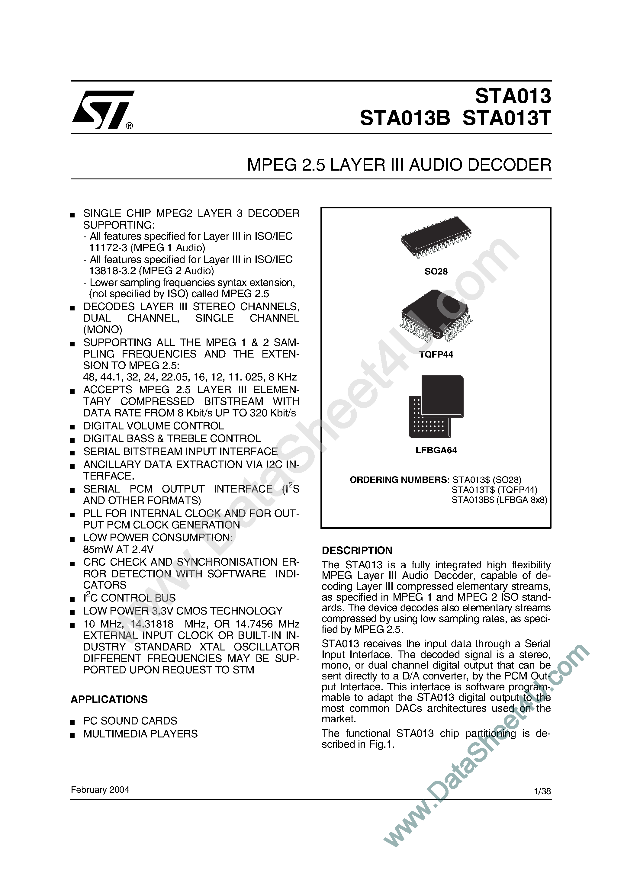 Datasheet STA013 - (STA013x) MPEG 2.5 LAYER III AUDIO DECODER page 1