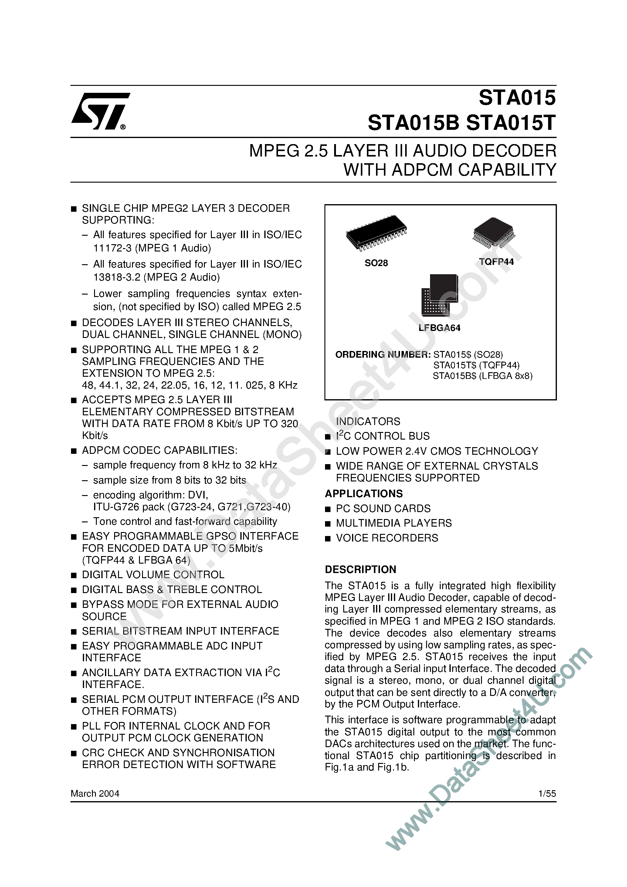 Даташит STA015 - (STA015x) MPEG 2.5 LAYER III AUDIO DECODER WITH ADPCM CAPABILITY страница 1