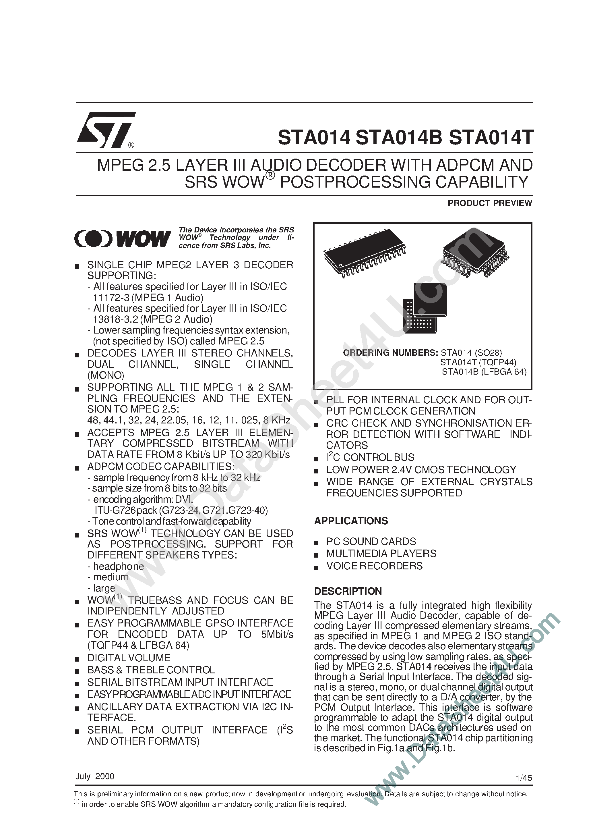 Datasheet STA014 - (STA014x) MPEG 2.5 LAYER III AUDIO DECODER WITH ADPCM AND SRS WOWO POSTPROCESSING CAPABILITY page 1