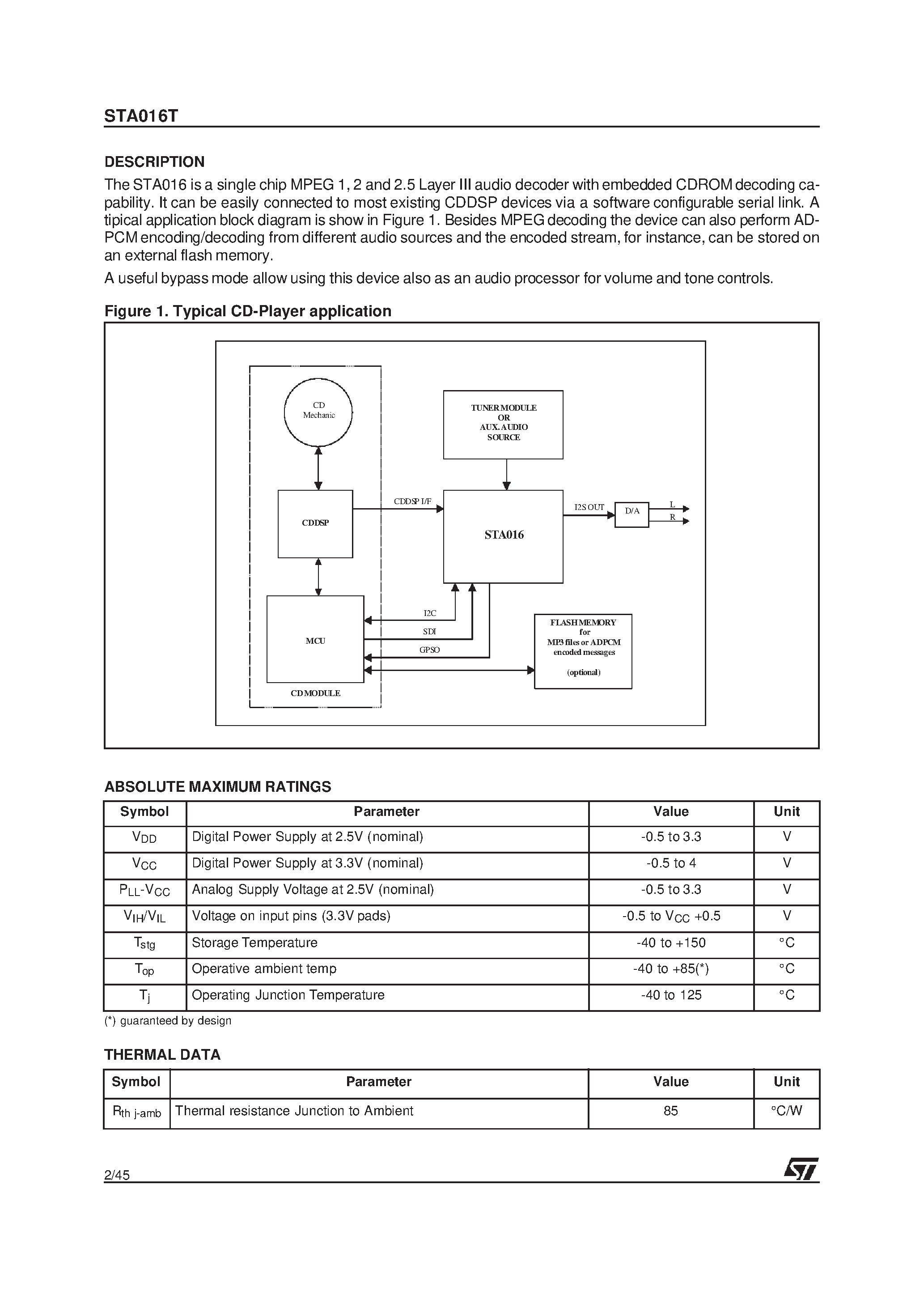 Datasheet STA016T - MPEG 2.5 LAYER III AUDIO DECODER SUPPORTING CD-ROM CAPABILITY & ADPCM page 2