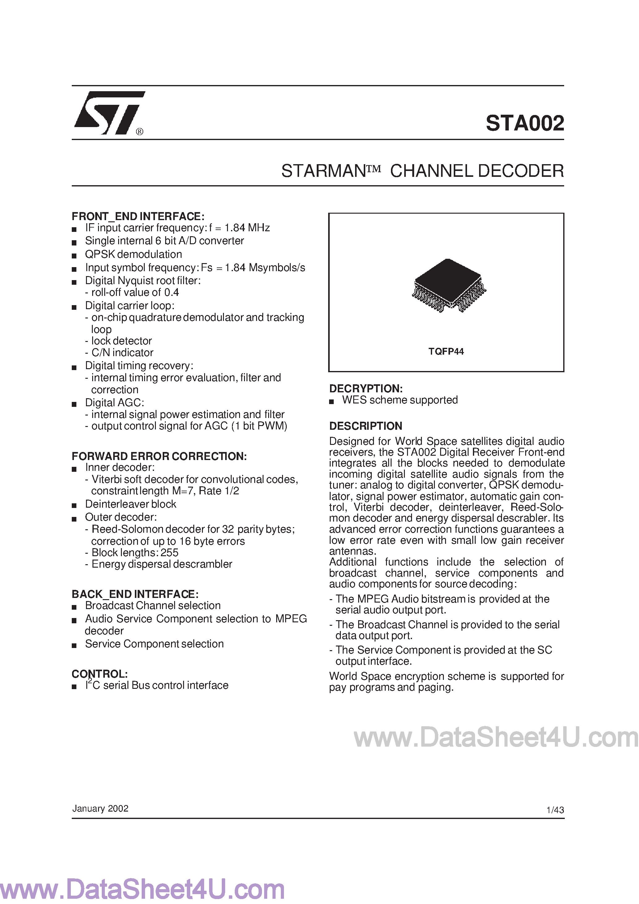 Даташит STA002 - STARMANO CHANNEL DECODER страница 1